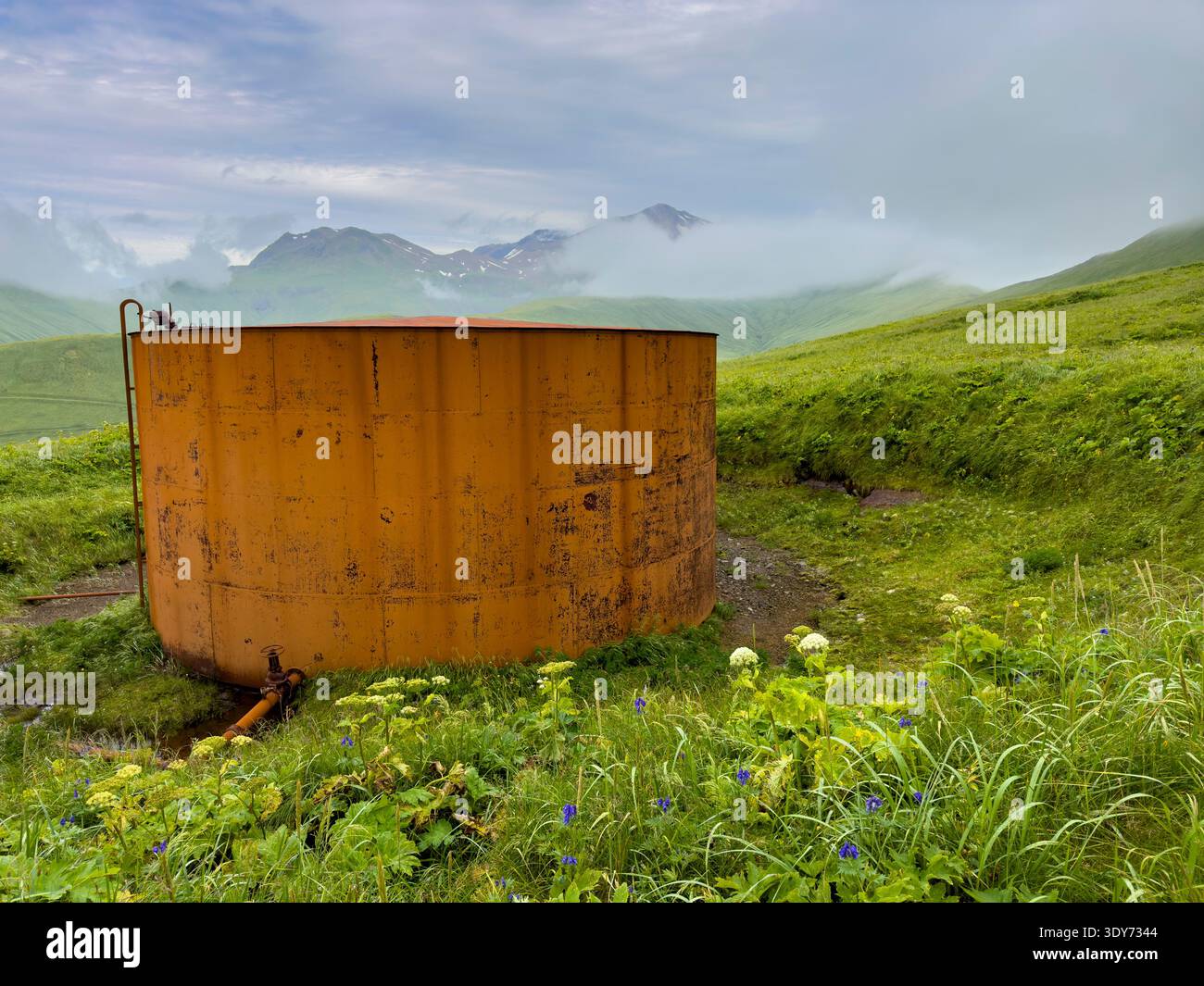 Serbatoio di stoccaggio del carburante presso il deposito della seconda guerra mondiale a Great Sitkin Island in Alaska Foto Stock