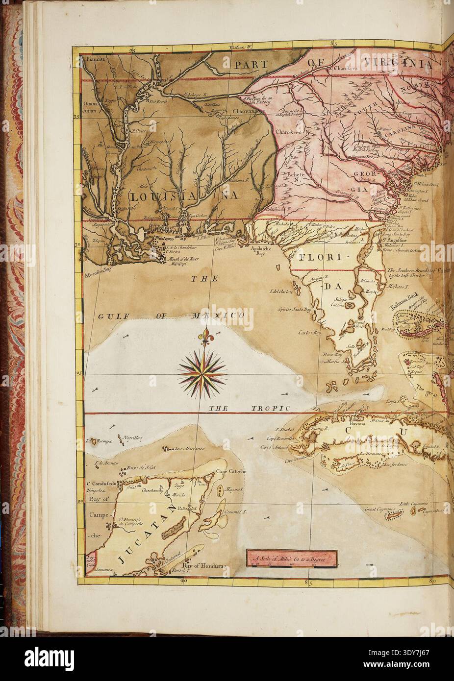 Mappa della Carolina, della Florida e delle Isole Bahama dalla storia naturale della Carolina, della Florida e delle Isole Bahama di Mark Catesby, che mostra le colonie nordamericane sudorientali, il Golfo del Messico, Cuba e la penisola di Yucatán in una mappa incisa all'inizio del XVIII secolo. Foto Stock