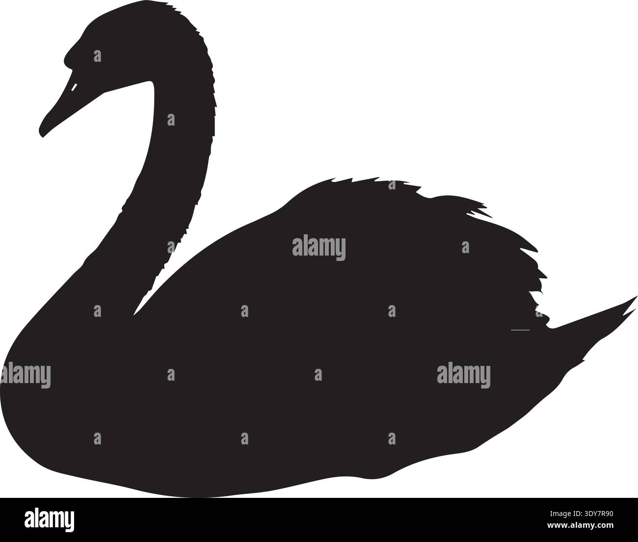 Elegante silhouette nera a cigno con collo curvo e piume con volant. Illustrazione Vettoriale