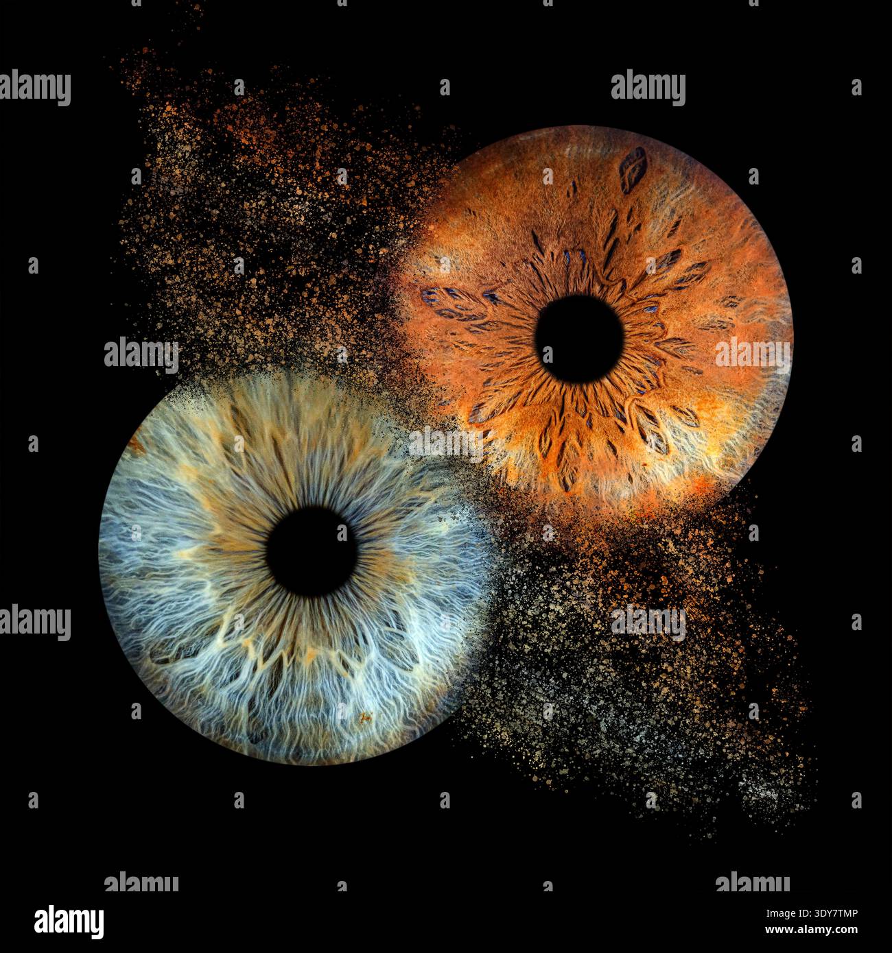 Occhi di Iris astratti colorati con esplosione di particelle su sfondo nero Foto Stock