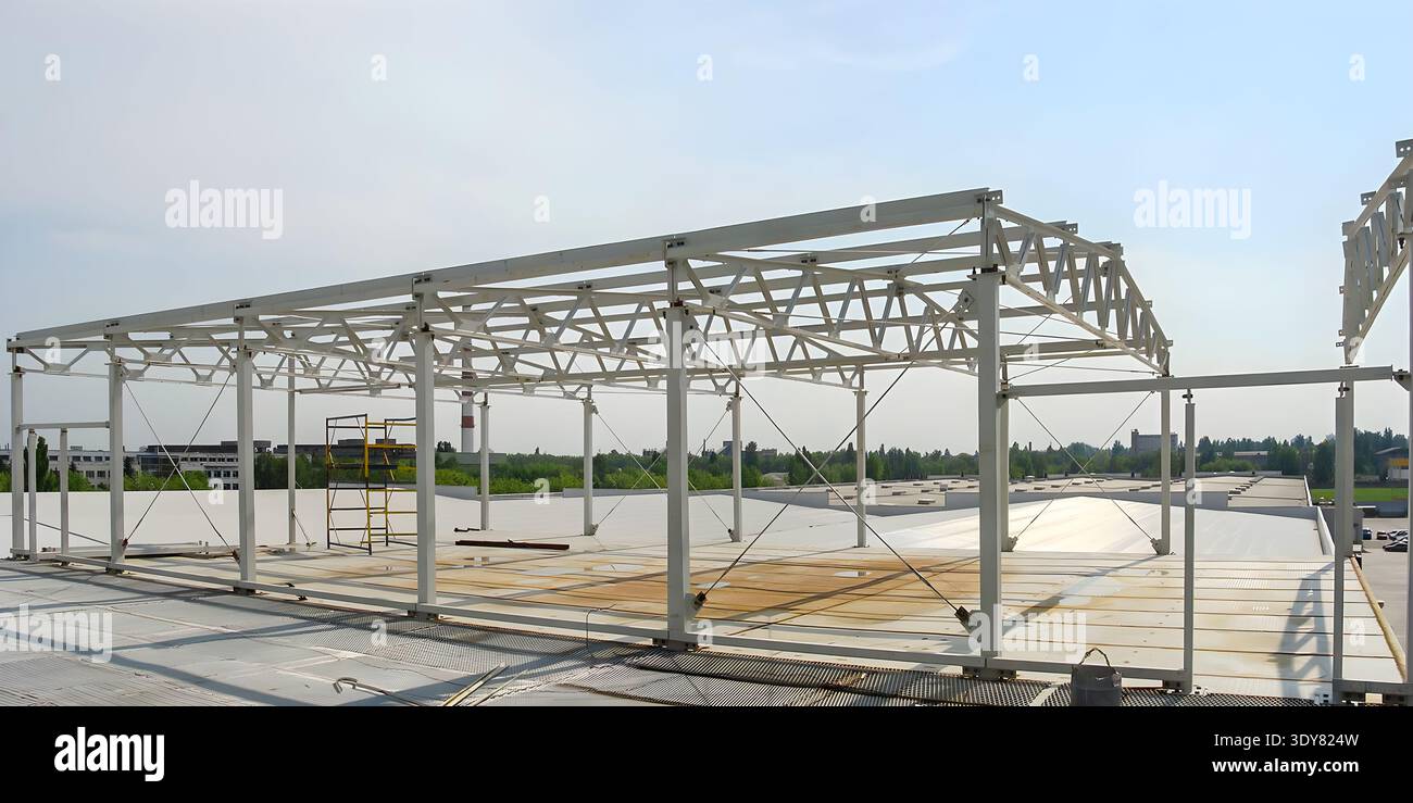 La struttura scheletrica di un grande magazzino o di una fabbrica è in fase di costruzione, mostrando la struttura in metallo grezzo contro un cielo luminoso Foto Stock