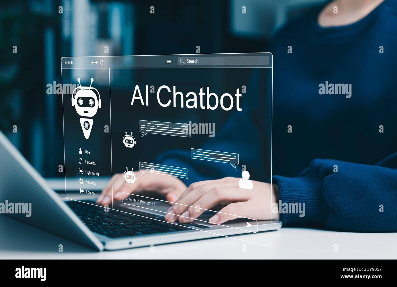 Chatbot AI e intelligenza artificiale conversazionale. Utente che interagisce con il chatbot ai sul laptop con messaggi di chat, strumenti di automazione, Foto Stock