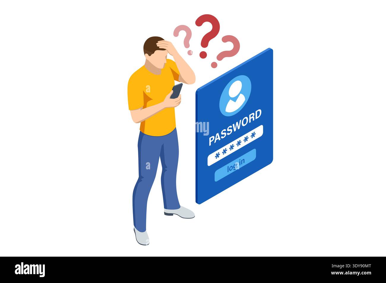 Accesso ai dati isometrici con un uomo confuso vicino alla password sullo schermo mobile. L'utente ha dimenticato le credenziali dell'account, prova ad accedere. Autenticazione Illustrazione Vettoriale