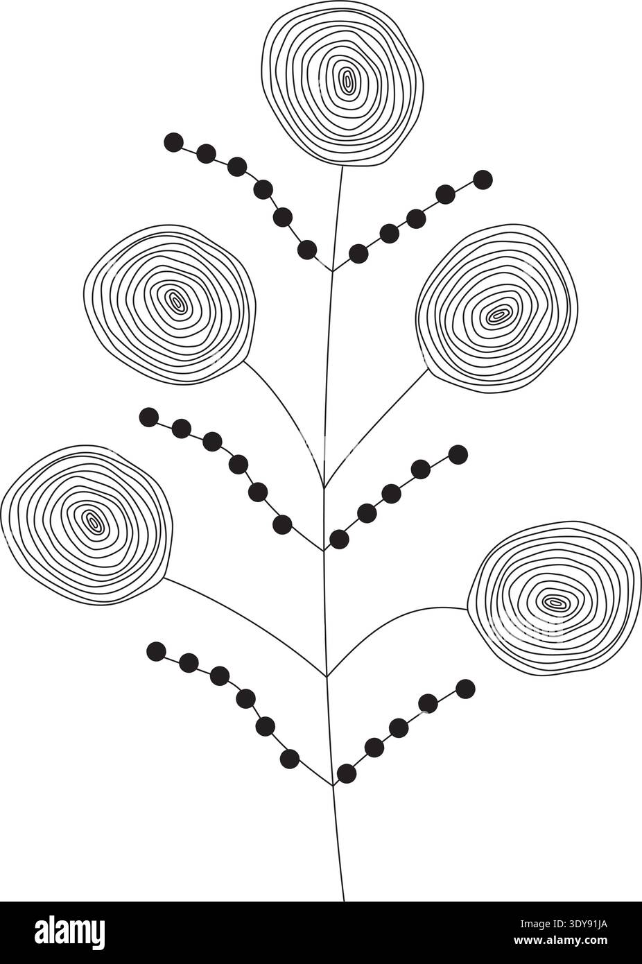 Rappresentazione artistica di un ramo botanico che contiene forme astratte che rappresentano frutta, semi e forme floreali. Illustrazione Vettoriale