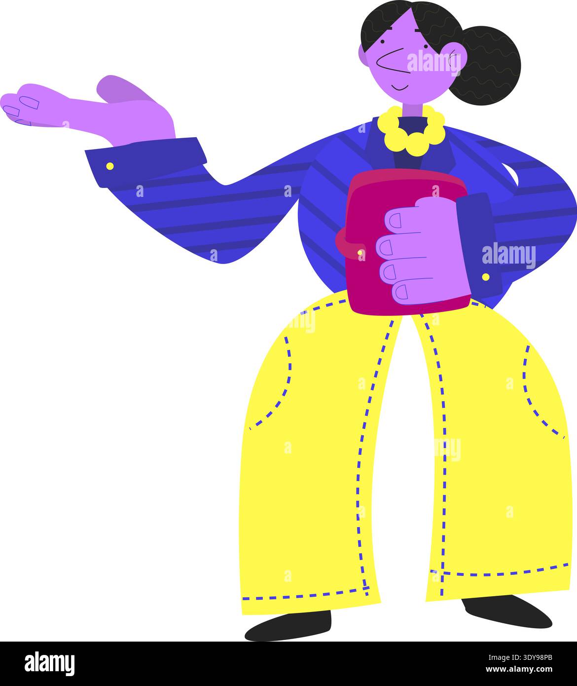 Donna sicura di sé che tiene in mano una piegatrice mentre fa un gesto espressivo della mano in un ambiente professionale. Illustrazione Vettoriale