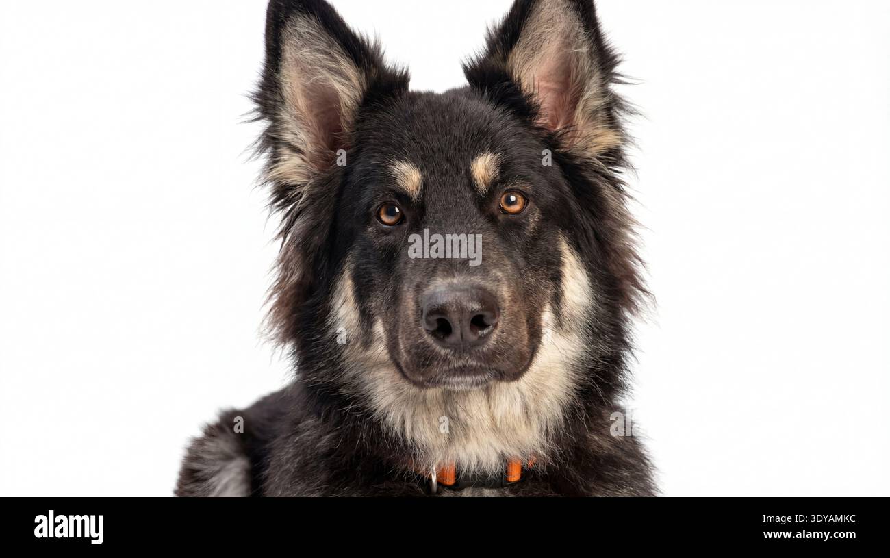 Questa straordinaria fotografia in studio offre un intenso primo piano di un mix di pastore tedesco nero e marrone. Gli accattivanti occhi ambrati del cane sono nettamente in foc Foto Stock