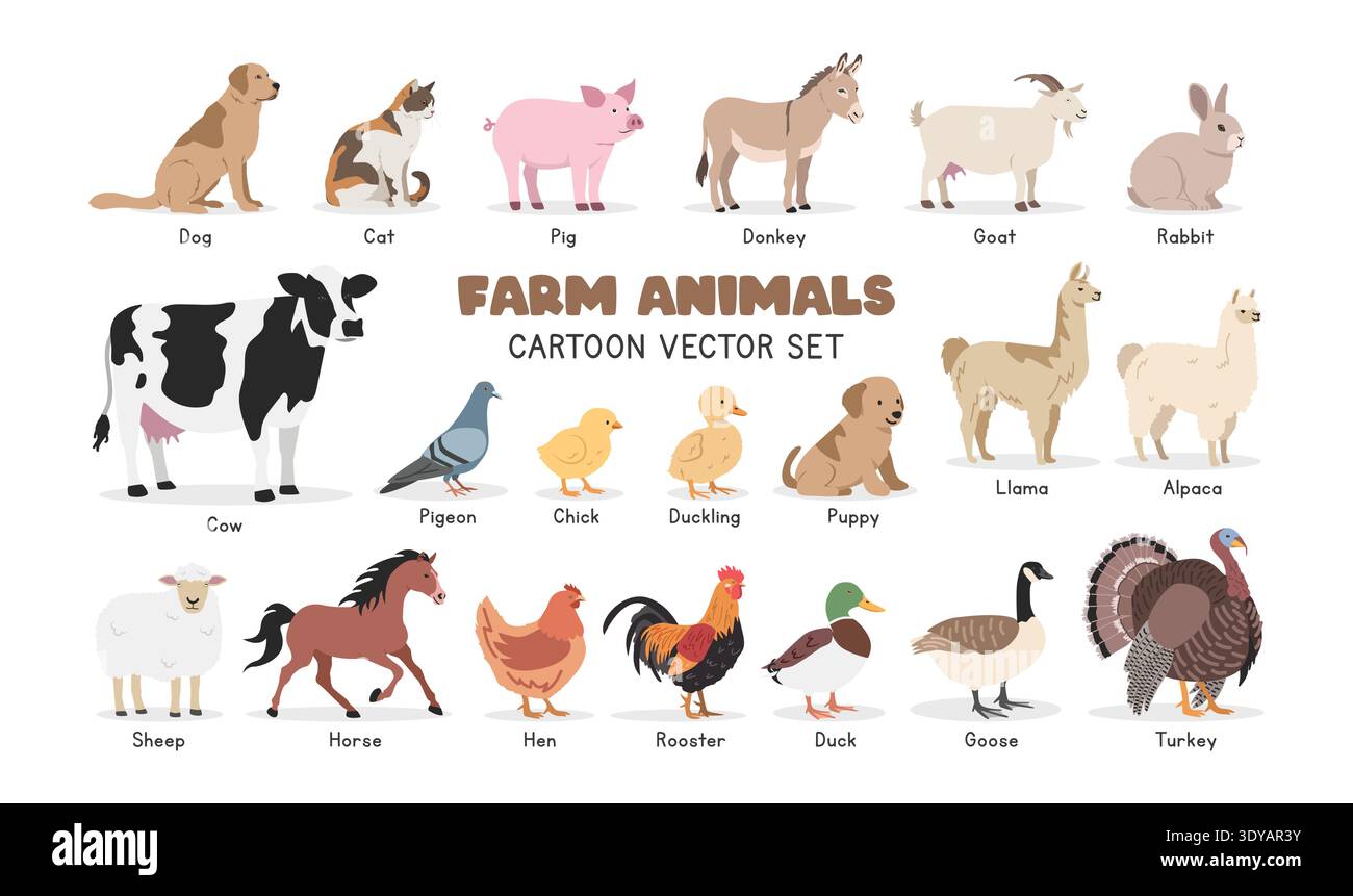 Serie di illustrazioni vettoriali per animali da fattoria. Clipart dei cartoni animati di animali domestici in stile piatto. Cane, gatto, maiale, asino, capra, tacchino, coniglio, mucca da latte Illustrazione Vettoriale