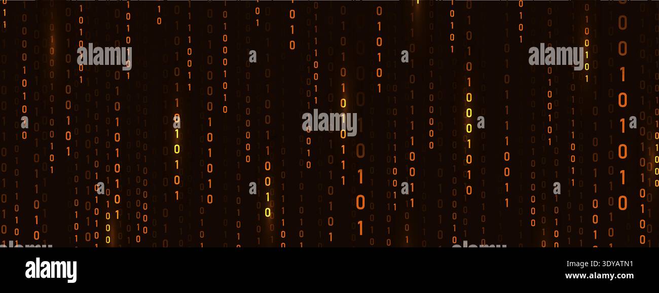 Programmazione dei simboli su uno sfondo futuristico. Tecnologia informatica e arte astratta. Matrice Golden binary Rain e tema di sicurezza per l'innovazione. Vettore Illustrazione Vettoriale