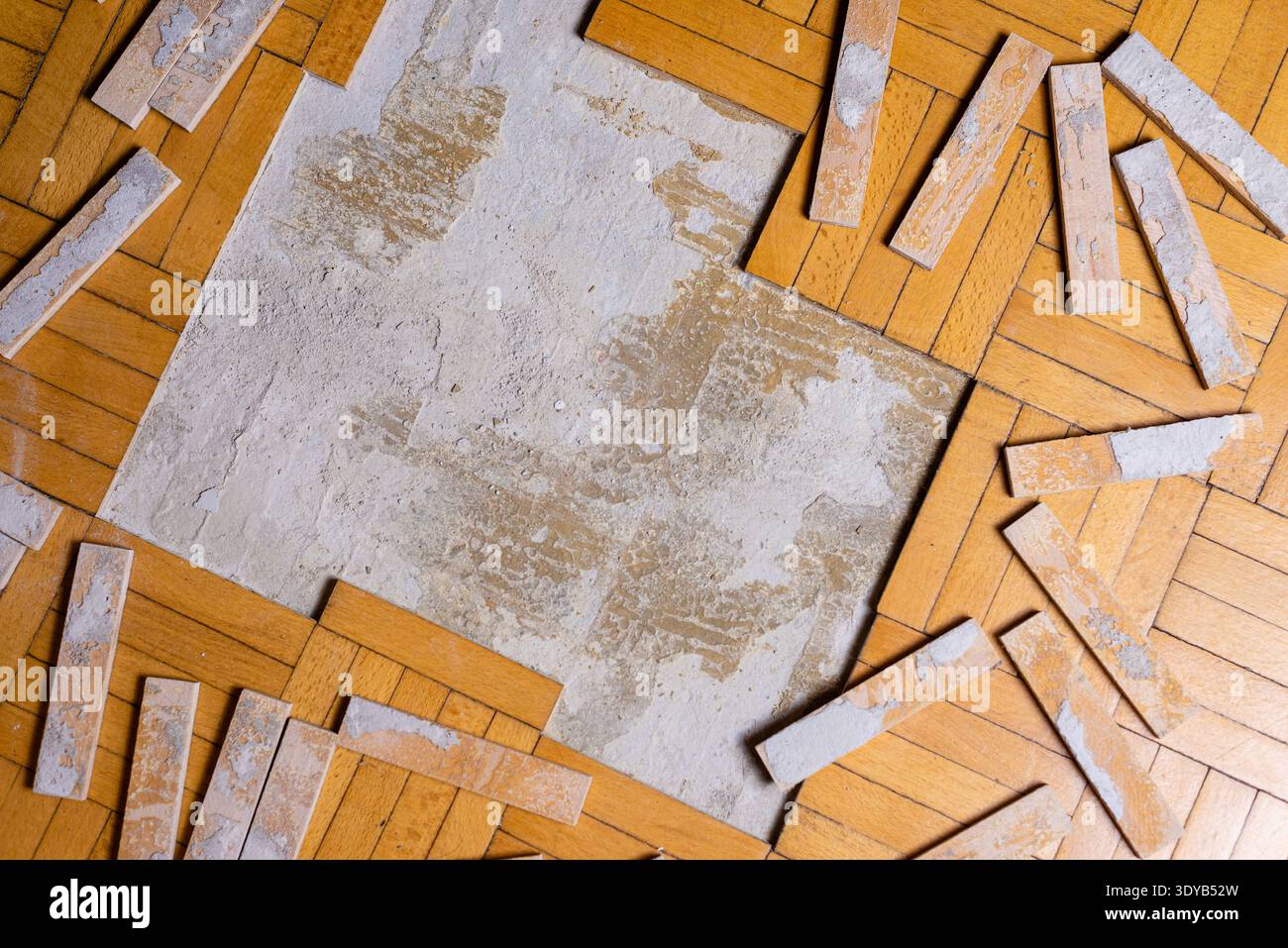 Vista dettagliata di un'area di riparazione del pavimento che mostra il sottopianale e i blocchi di parquet in legno duro rimossi per il ripristino fai da te. Foto Stock