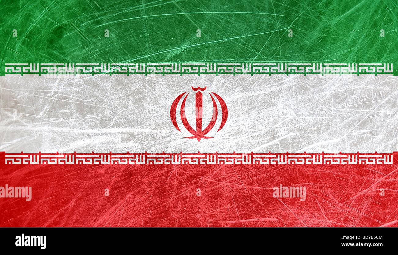 Bandiera nazionale dell'Iran grunge e emblema stilizzato Foto Stock