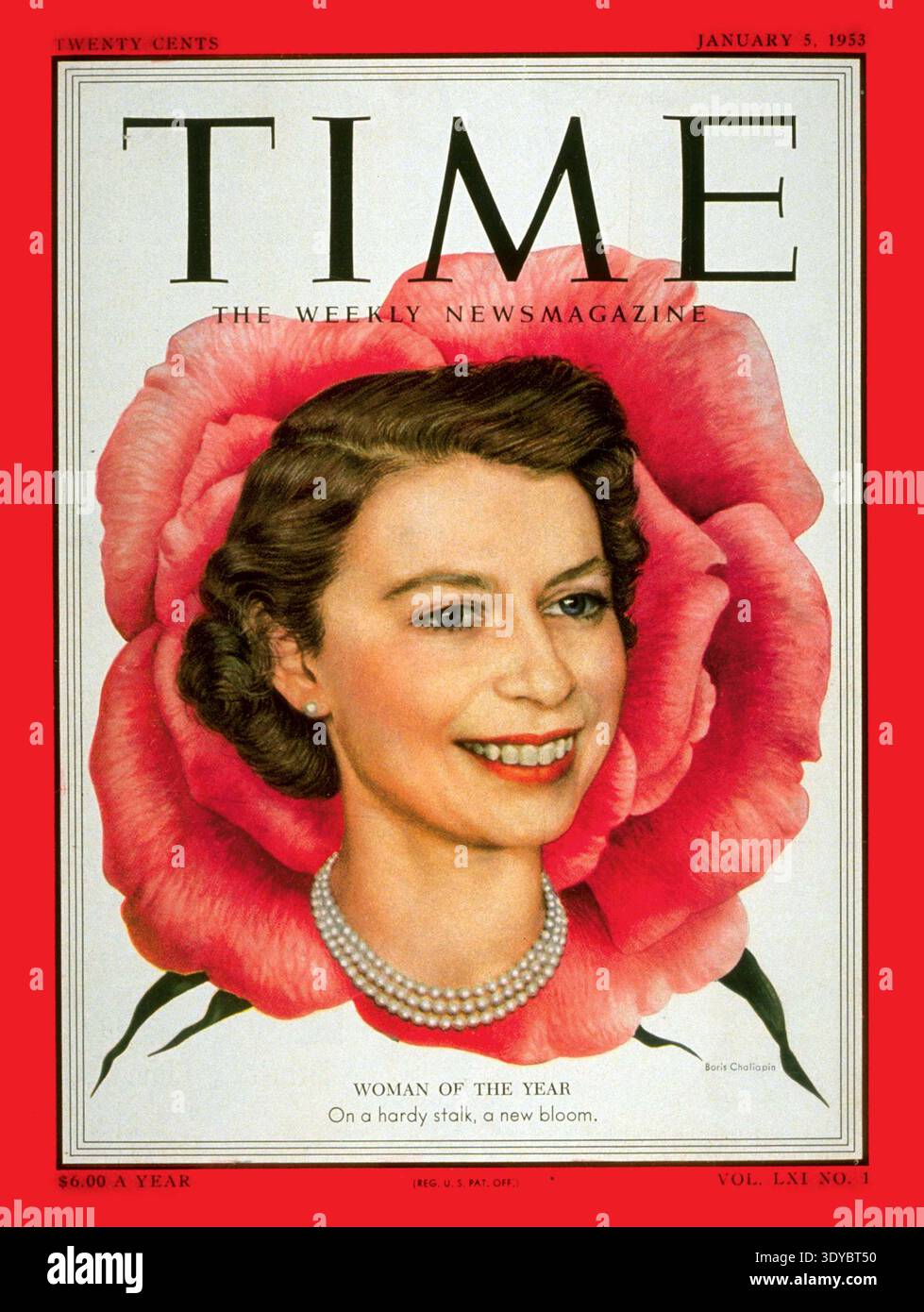 Time Magazine, volume 61 numero 1. La copertina è un disegno della regina Elisabetta II del Regno Unito. Foto Stock