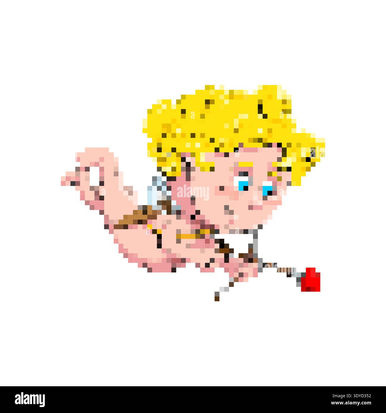 Pixel art cupido con arco e freccia. Personaggio retrò a 8 bit per San Valentino e concetti di amore. Isolato su bianco. Illustrazione Vettoriale