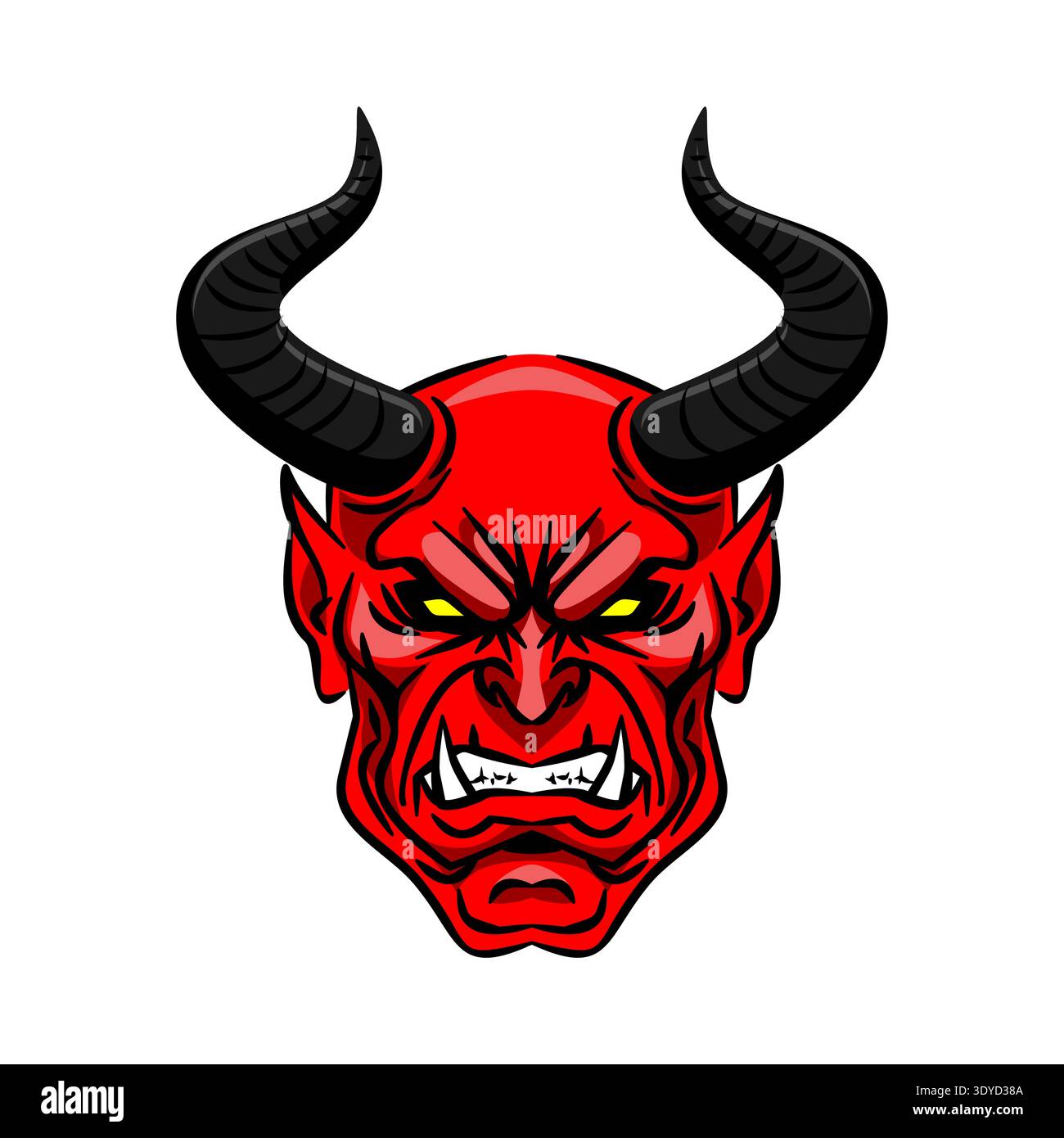 testa rossa del diavolo con corna nere. Un mostro spaventoso per i concetti di palestra, gioco e horror. Vettore piatto isolato su bianco. Illustrazione Vettoriale