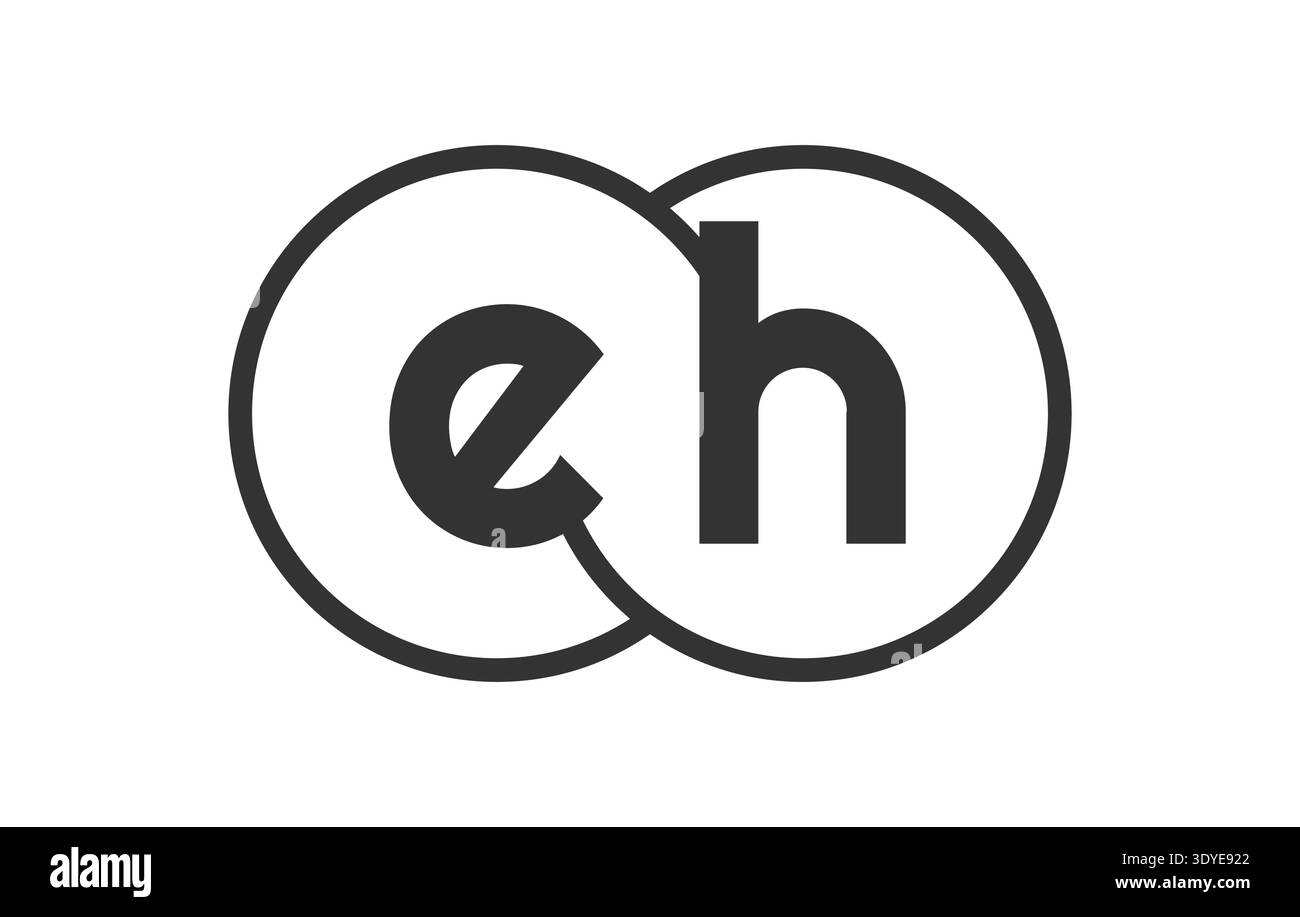 Emblema dell'azienda EH con arrotondamenti e lettere e h. modello del logo di due cerchi fusi per l'identità del marchio, il logotipo. Simb. Infinito vettoriale Illustrazione Vettoriale
