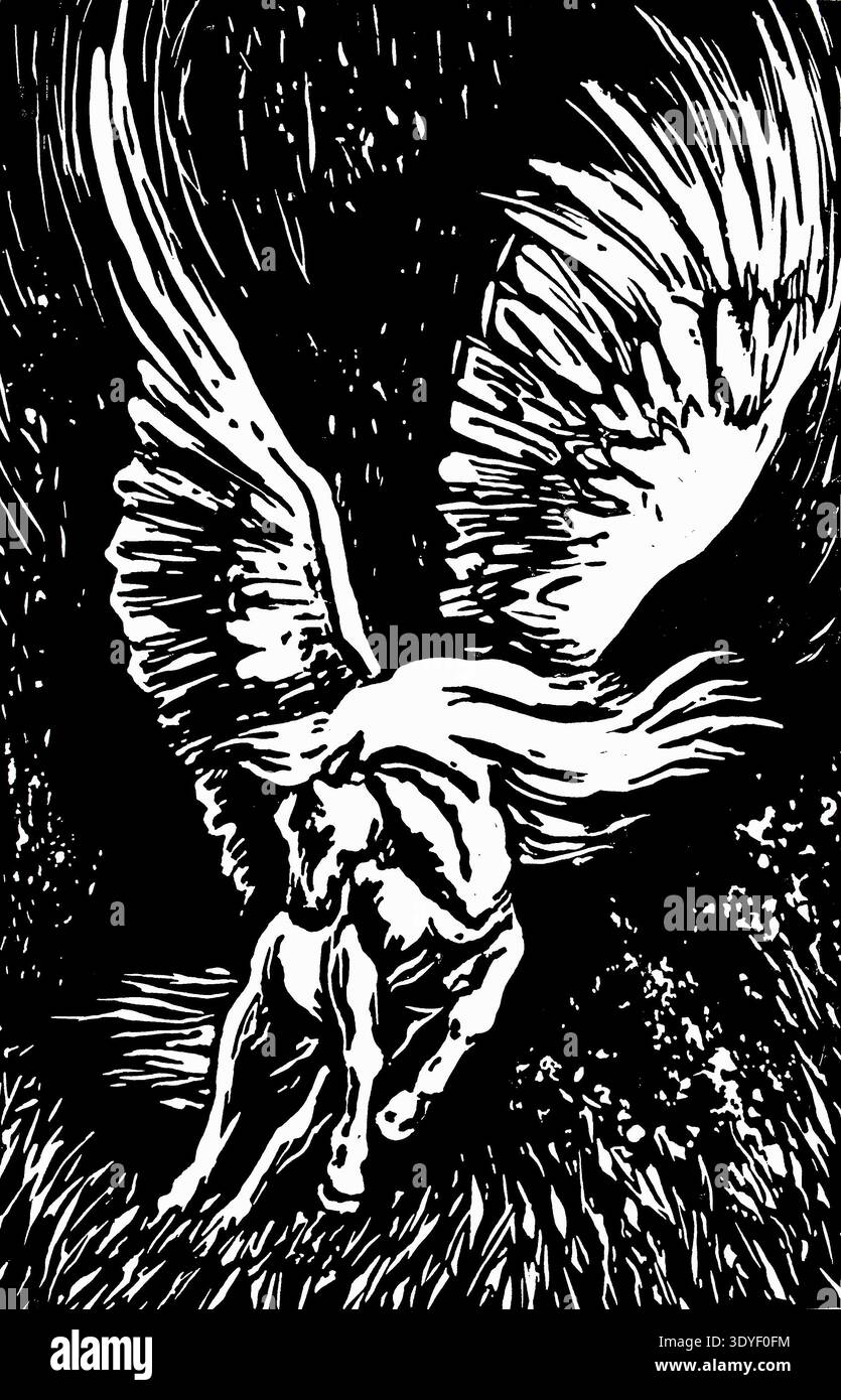 Pegasus, un cavallo con le ali, prende l'aria, preparandosi per il volo, spargendo le ali. Illustrazione monocromatica a taglio lineare in bianco e nero Foto Stock