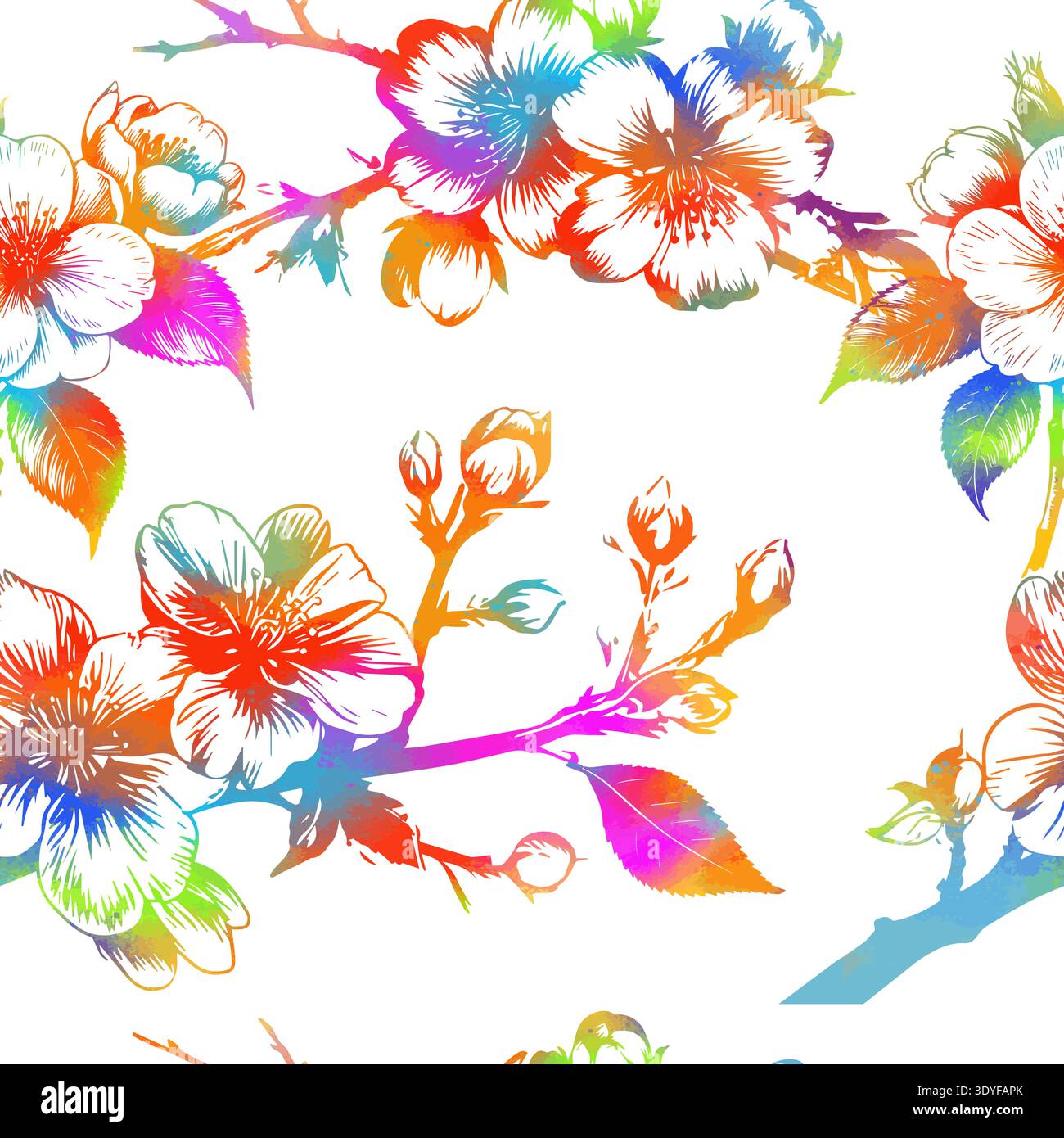 Rami di ciliegio con fiori, sfondo colorato sakura senza cuciture. Disegnato a mano. Non ai, illustrazione vettoriale. Illustrazione Vettoriale