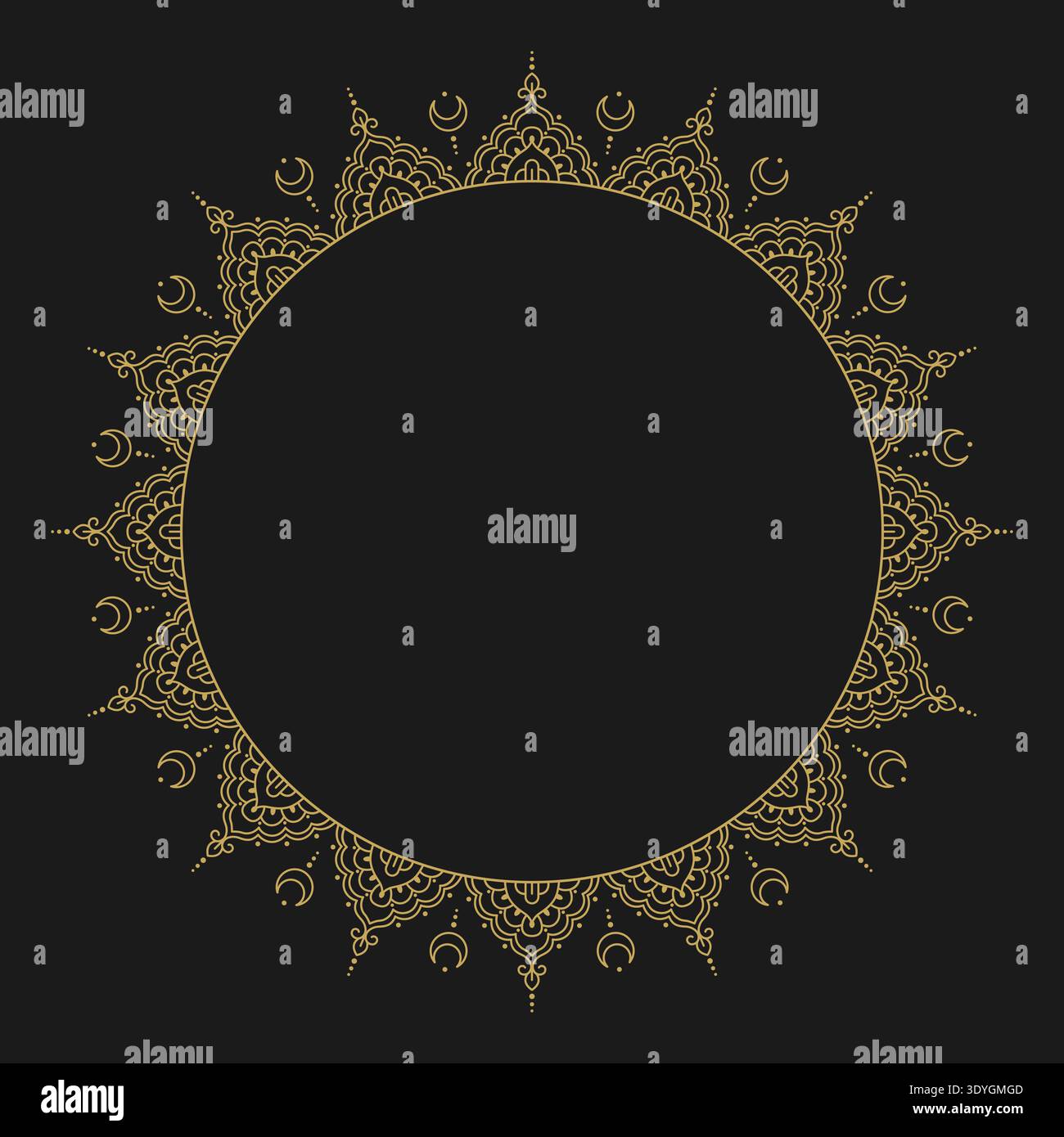 Cornice decorativa Mehndi Mandala Oro circolare circolare Design ornamentale sfondo nero Illustrazione Vettoriale