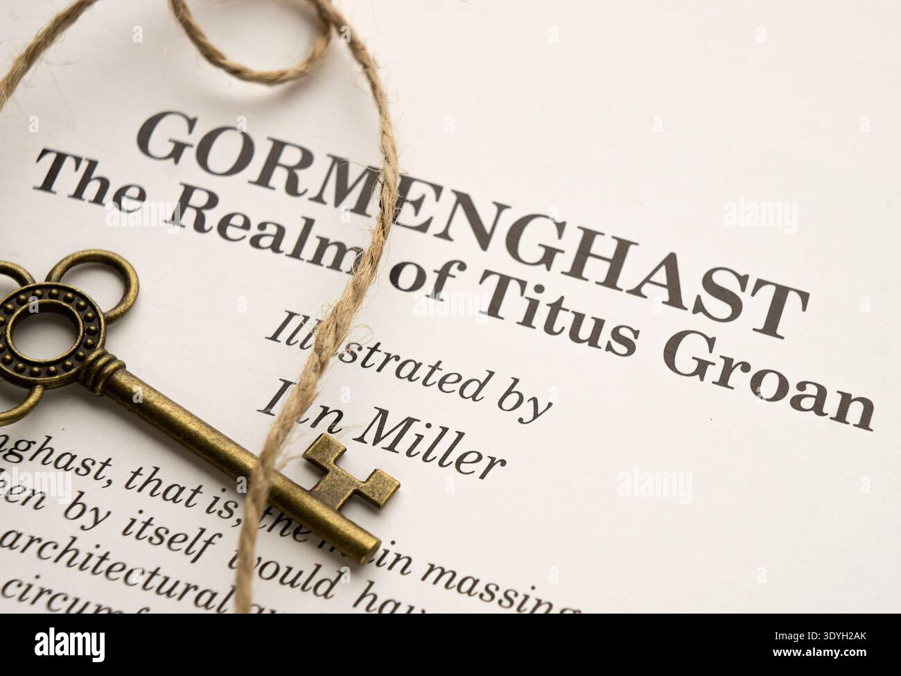 Libro in copertina rigida vintage Titus Groan di Mervyn Peake su una superficie rustica in legno con illuminazione suggestiva Foto Stock