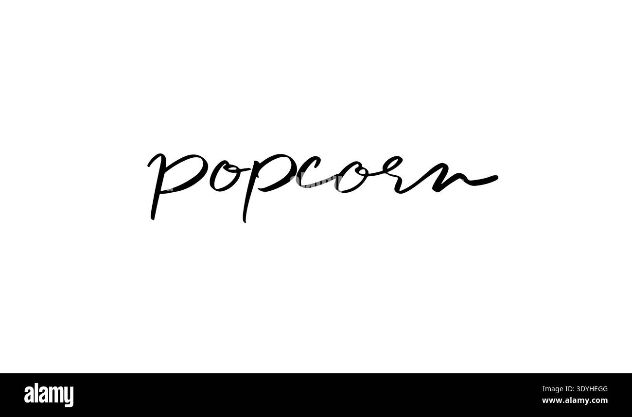 Popcorn text font calligrafia scritta a mano scritta scritta scritta a mano colore nero oggetto icona snack cibo popcorn intrattenimento celebrazione delizioso film popcor Foto Stock