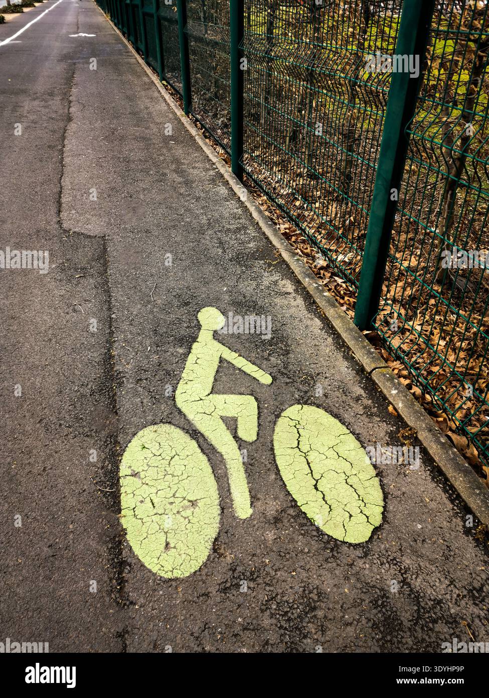 Simbolo verde della bicicletta intemprato dipinto su una pista ciclabile in asfalto che corre lungo una recinzione a rete metallica verde. Francia - Immagine stock catturata con smartphone