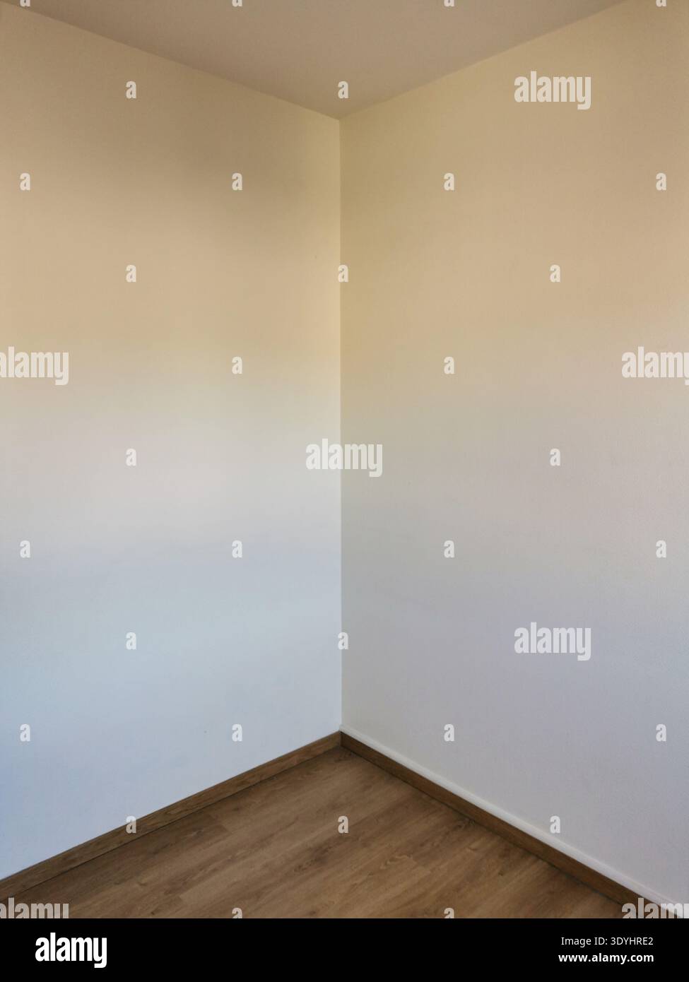 L'immagine interna mostra l'angolo di una stanza vuota durante il giorno. Presenta pareti dipinte di bianco e beige, con pavimento in legno - Immagine stock catturata con smartphone