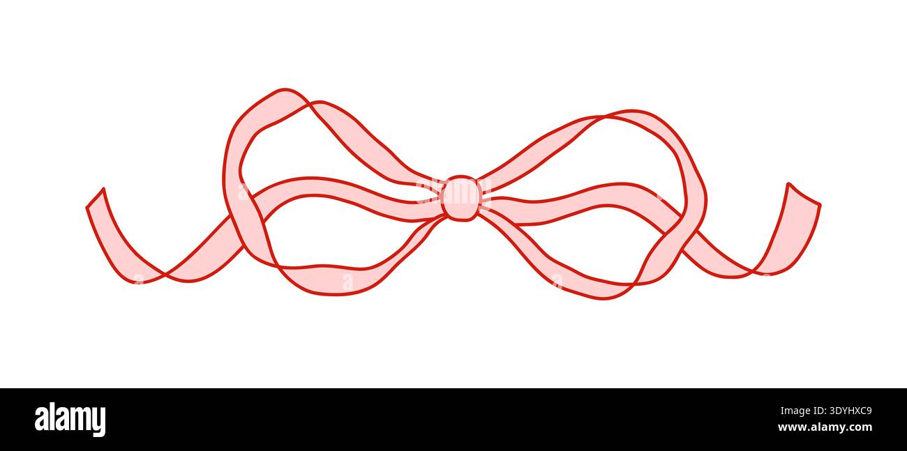 Whimsical coquette pink bow ribbon with red outline. Cute and elegant design element for Valentines Day, packaging, greeting cards, scrapbooking, feminine branding, and decorations. Vector art Illustrazione Vettoriale