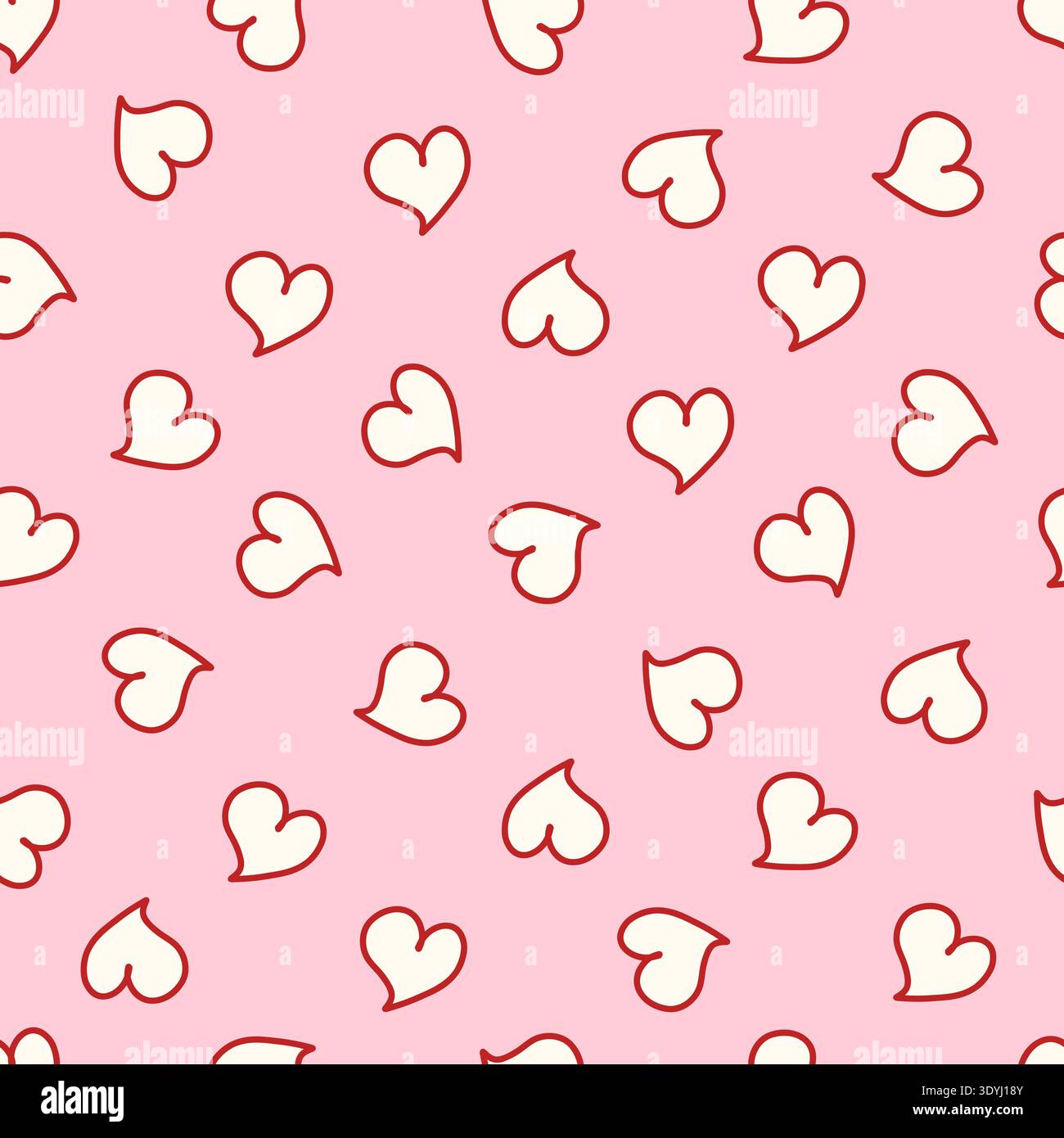 Motivo coquette senza cuciture con cuori color crema con contorni rossi su sfondo rosa. Design romantico e divertente, perfetto per la cartoleria femminile, il giorno di San Valentino, carta da imballaggio e tessuti. Illustrazione vettoriale Illustrazione Vettoriale