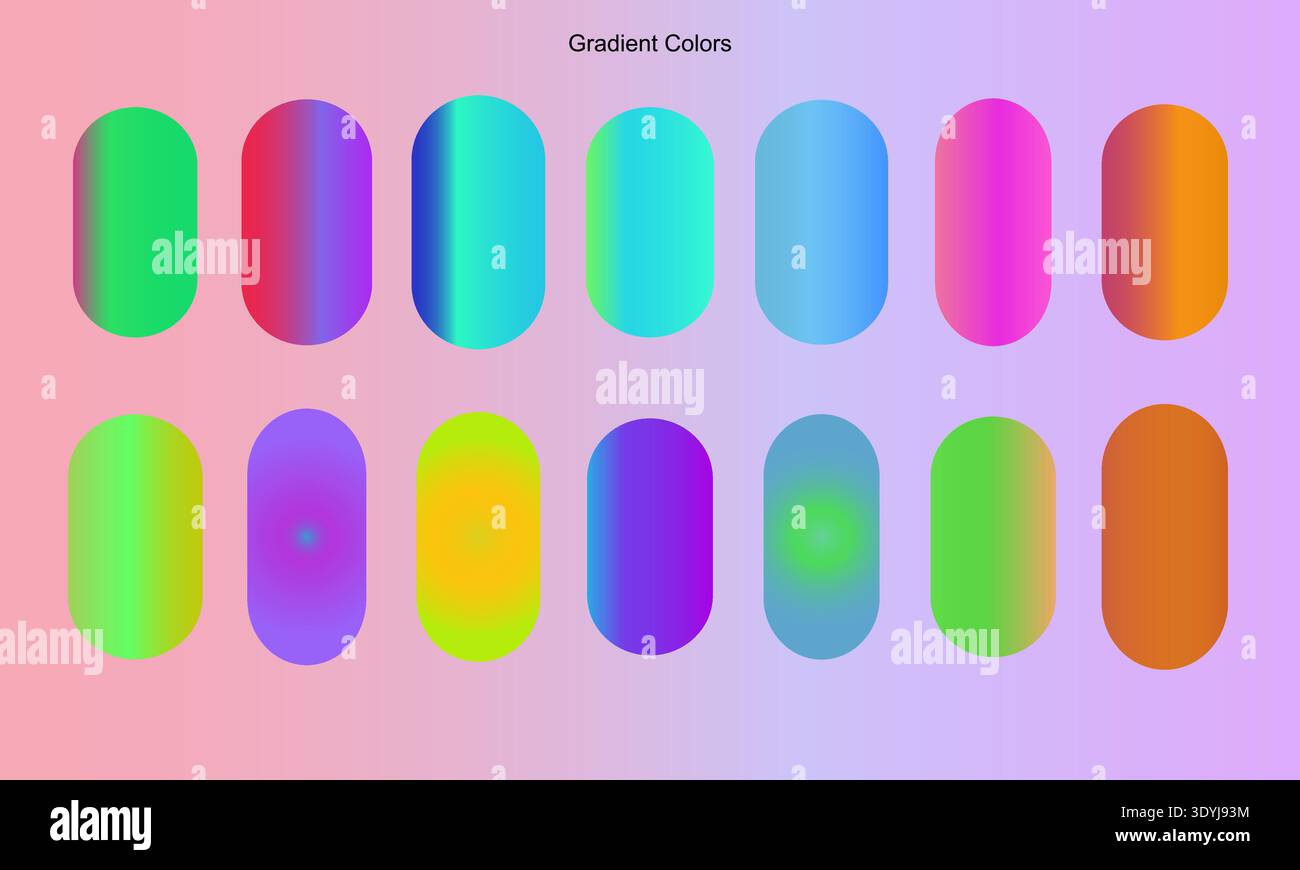 Una vivace collezione di quattordici capsule arrotondate mostra una straordinaria gamma di sfumature di colore al neon. Queste transizioni fluide dal ciano alla viola Illustrazione Vettoriale
