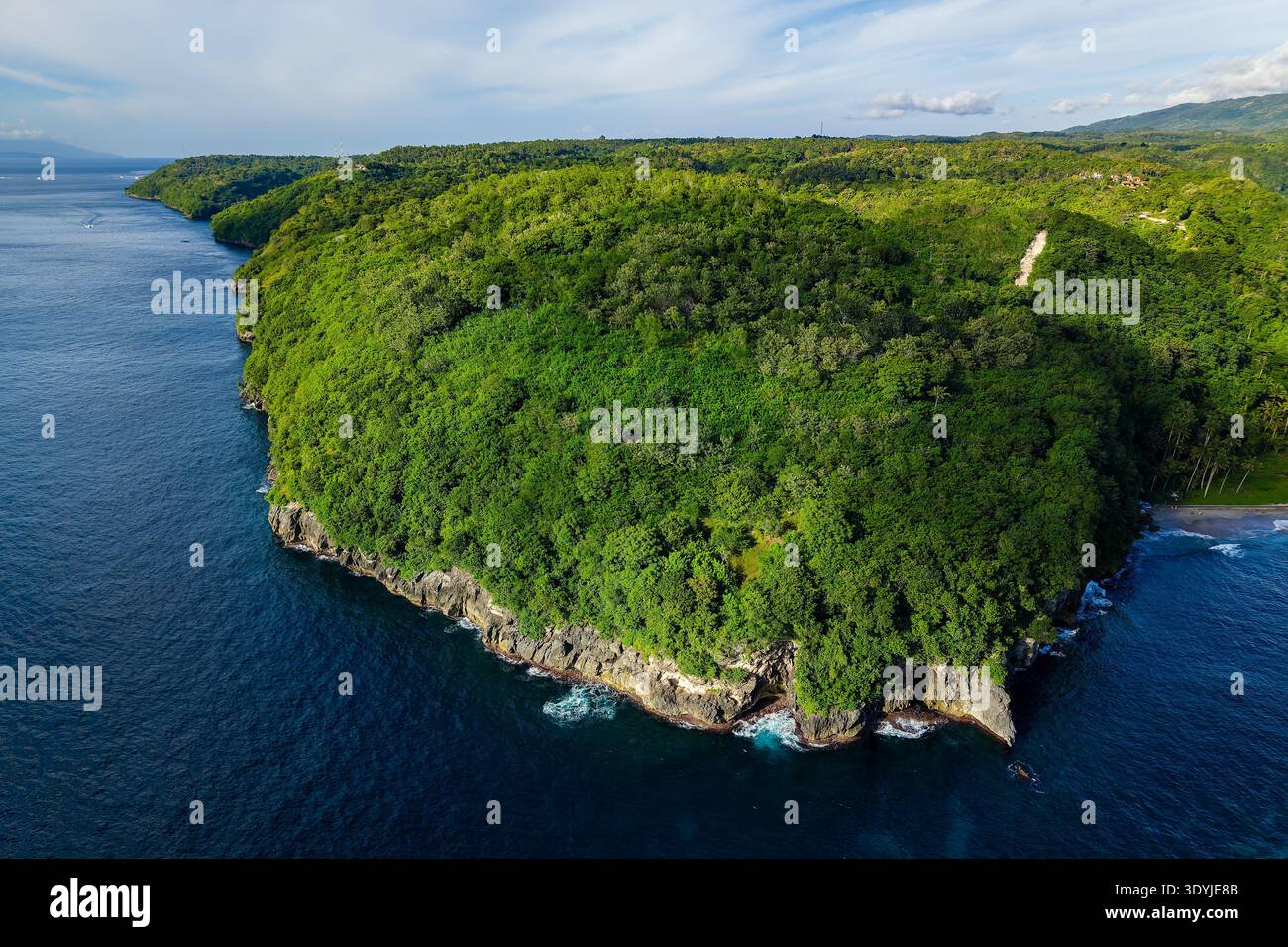 Vista ad alto angolo di uno splendido promontorio boscoso e scogliere rocciose circondate dal mare blu Foto Stock