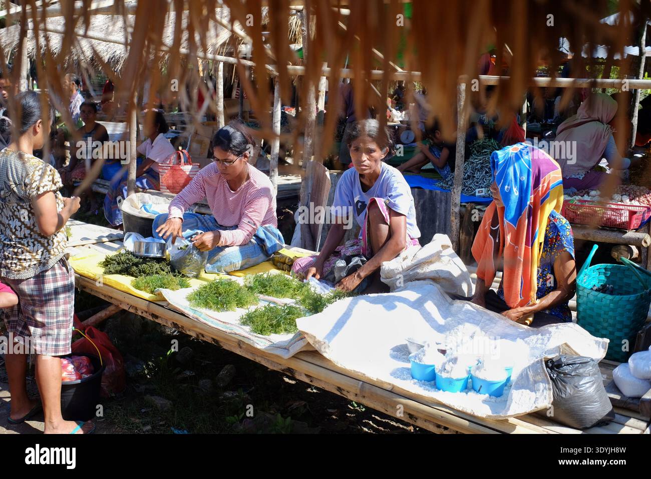 L'atmosfera del mercato tradizionale a West Sumba, molti commercianti che vendono alghe e sale. Foto Stock