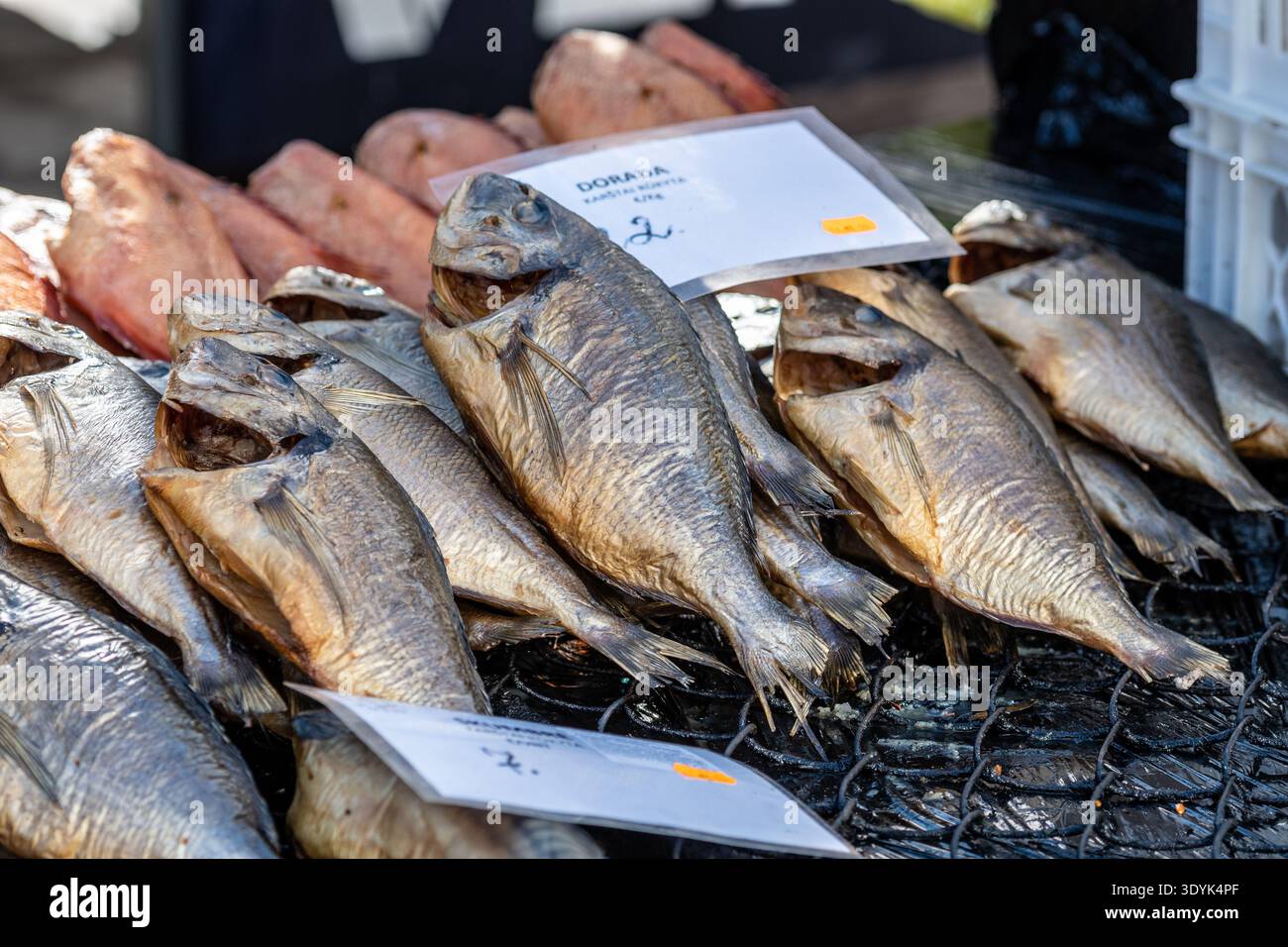 Pesce d'orata affumicato con testa dorata accatastato su una griglia in un mercato all'aperto. I pesci mostrano la loro particolare pelle argentata e la loro ricca consistenza, pronti per la vendita Foto Stock