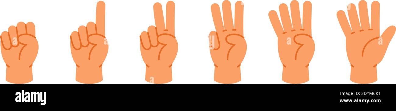 Gesti della mano del cartone animato da 0 a 5. Icone vettoriali colorate per la matematica in età prescolare e i materiali di apprendimento dei numeri Illustrazione Vettoriale