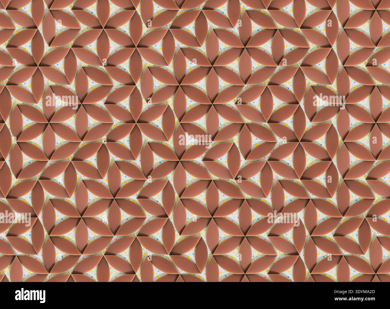 Superficie decorativa astratta composta da piastrelle geometriche in gomma ripetute disposte con motivo floreale. Forme simili a petali si irradiano dai punti centrali t Foto Stock