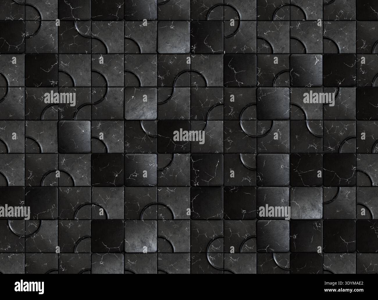 Superficie decorativa composta da piastrelle quadrate in marmo nero disposte in una griglia a ripetizione. Il design è caratterizzato da segmenti curvi intagliati che formano un Foto Stock