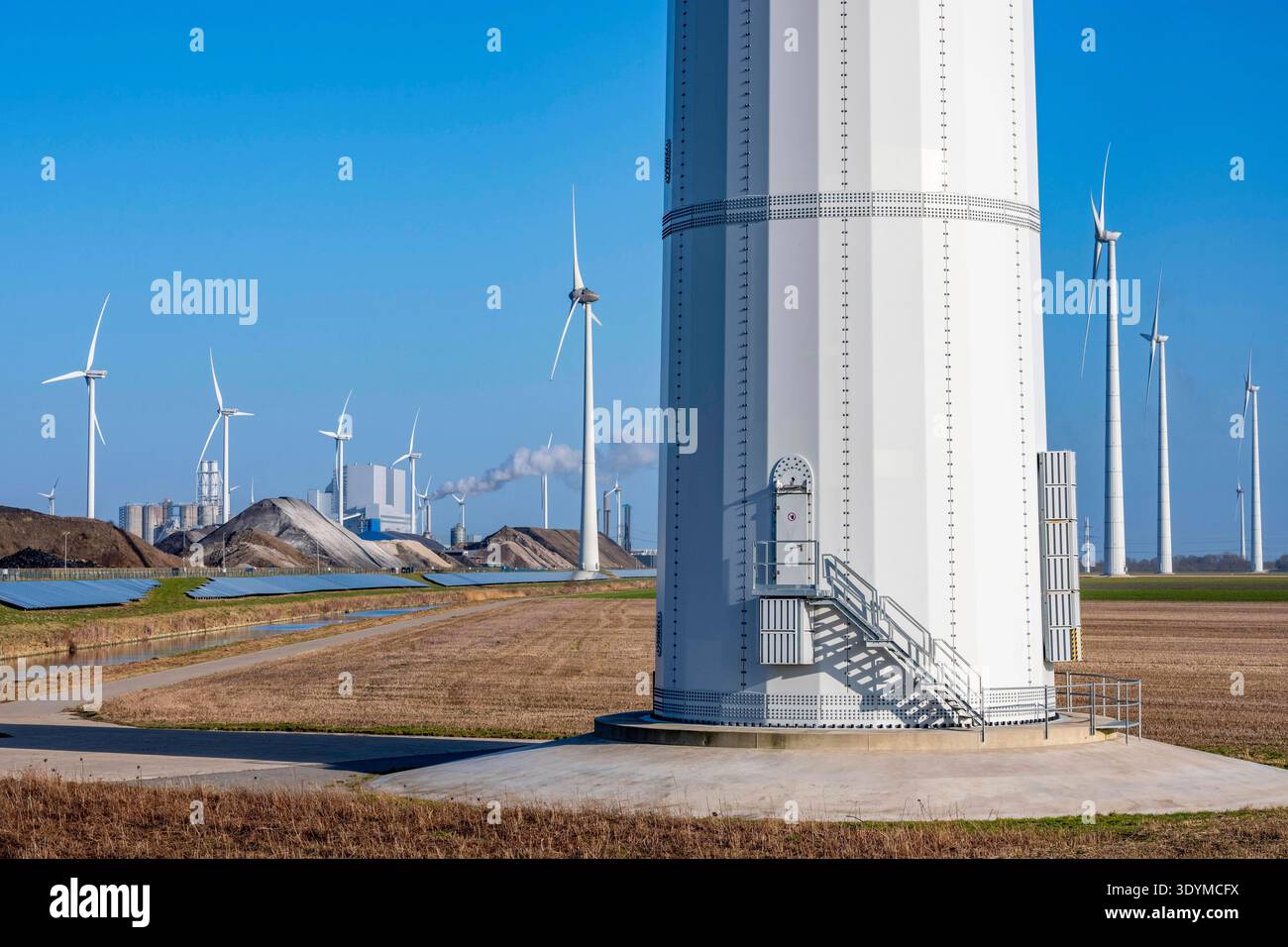 Windpark am Slaperdijk Deich beim Eemshaven, auf dem Deichs sind, als Testprojekt, auf gut 5 KM 17000 Solarmodule installiert, Die Niederlande haben über 22000 KM Deichlinie, hier wird erprobt, ob eine solche Montage erfolgreich ist und ausgebaut werden kann, RWE Kohlekraftwerbrafk, presso la fattoria solare di Deemsherk, a 10 km, presso la stazione centrale, 10 km di Deidad Eemshemshidad Eemshaven, a 10 km, 10 km, 10 km, 10 km, 10.17.000. i Paesi Bassi dispongono di oltre 22.000 km di diga, e qui si sta verificando se tale installazione ha successo e può esserlo Foto Stock