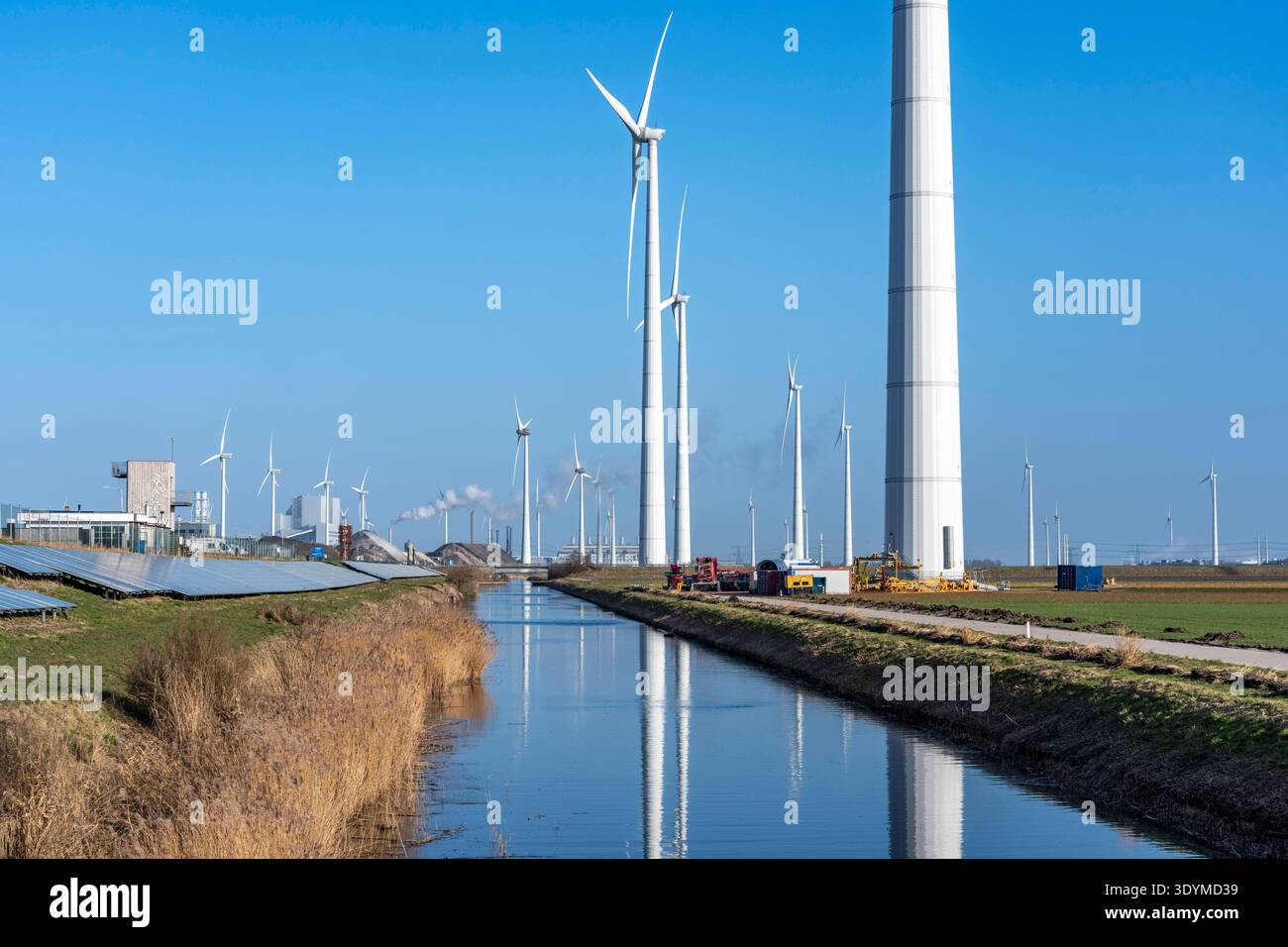 Windpark am Slaperdijk Deich beim Eemshaven, auf dem Deichs sind, als Testprojekt, auf gut 5 KM 17000 Solarmodule installiert, Die Niederlande haben über 22000 KM Deichlinie, hier wird erprobt, ob eine solche Montage erfolgreich ist und ausgebaut werden kann, Niederlande erprobt, Niederlande erprobt, installato un impianto solare 22.000 di 17.000 km sulla linea di vento su 10 km. qui si sta verificando se tale installazione ha successo e può essere ampliata, Groninga, Paesi Bassi, Solar d Foto Stock