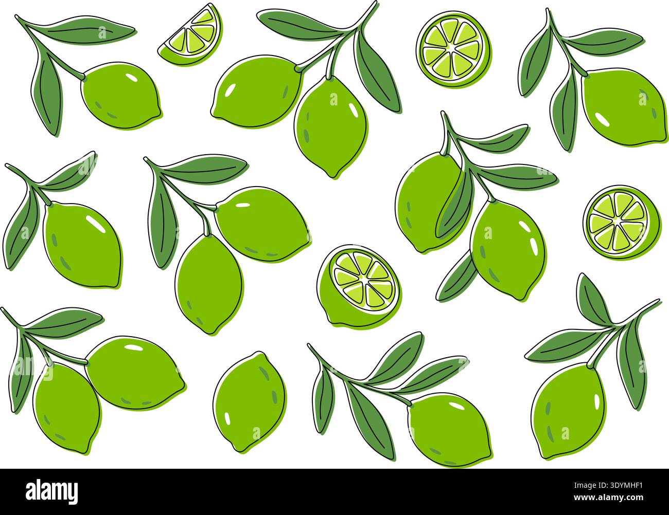 Set di lime verdi. Vivaci agrumi, fette e foglie in un'illustrazione stilizzata e piatta su sfondo bianco Illustrazione Vettoriale