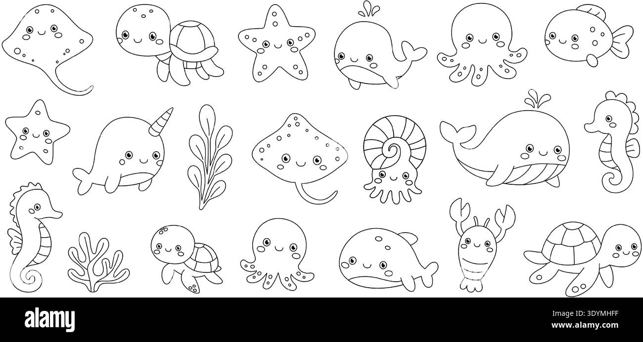 Delineare gli animali marini. Illustrazione vettoriale minimalista per progetti marini per bambini Illustrazione Vettoriale