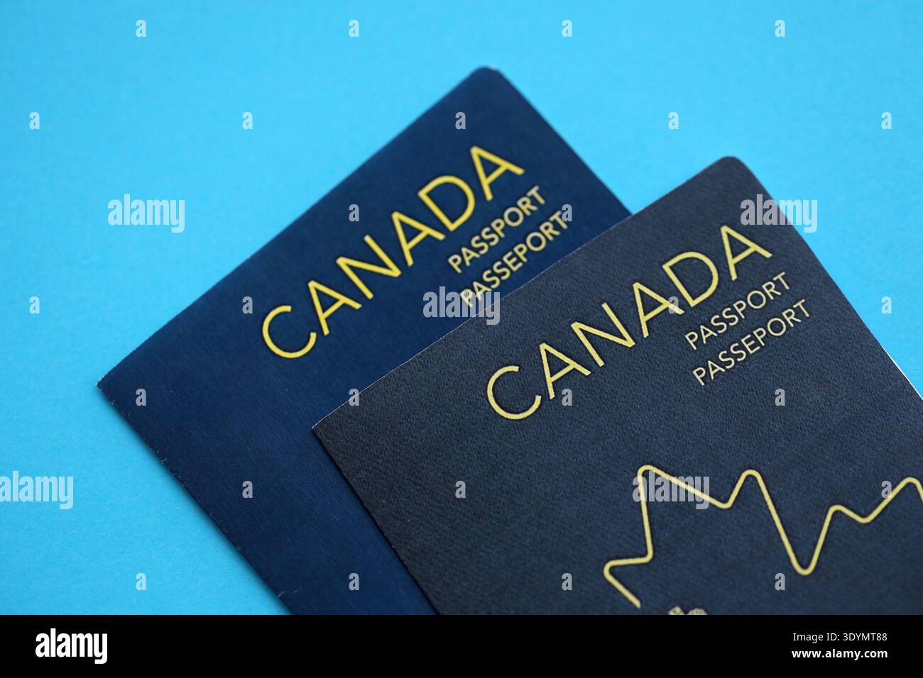 Passaporti canadesi sul tavolo da vicino. Libri di documenti di identificazione ufficiali per i cittadini del Canada. Concetto di viaggio e turismo Foto Stock