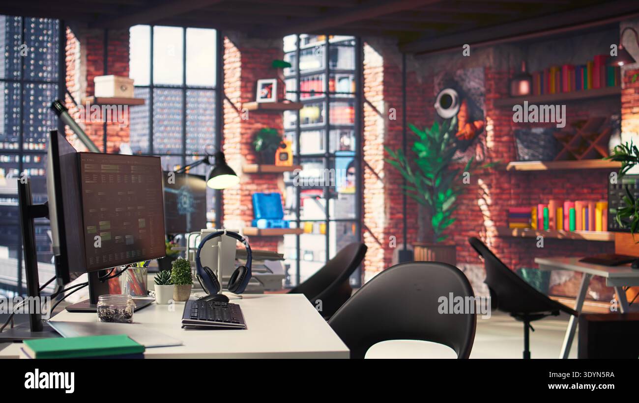 Il PC mostra strumenti di sviluppo di reti neurali in un ambiente di agenzia vuoto. La codifica visiva e i sistemi di elaborazione autonomi vengono utilizzati per l'intelligenza artificiale avanzata e l'esplorazione dei dati scientifici. Foto Stock