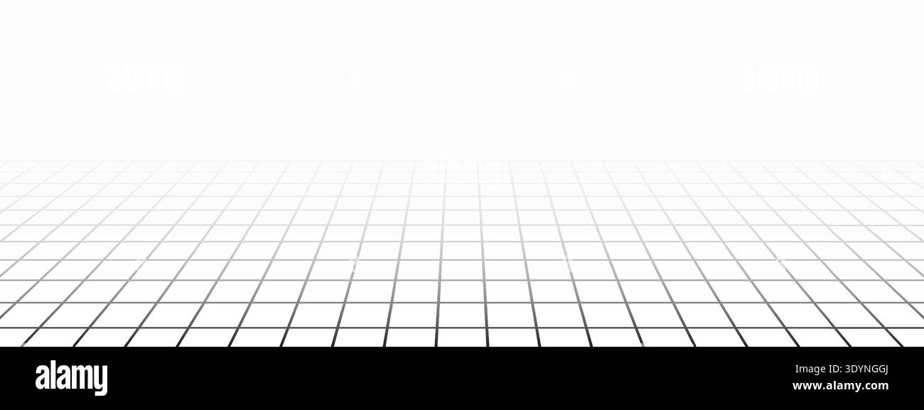 Griglia prospettica che svanisce all'infinito. Struttura del pavimento piastrellato sbiadito. Ripetizione del piano a scacchi. Superficie quadrata della realtà virtuale. Design geometrico. Mesh Illustrazione Vettoriale
