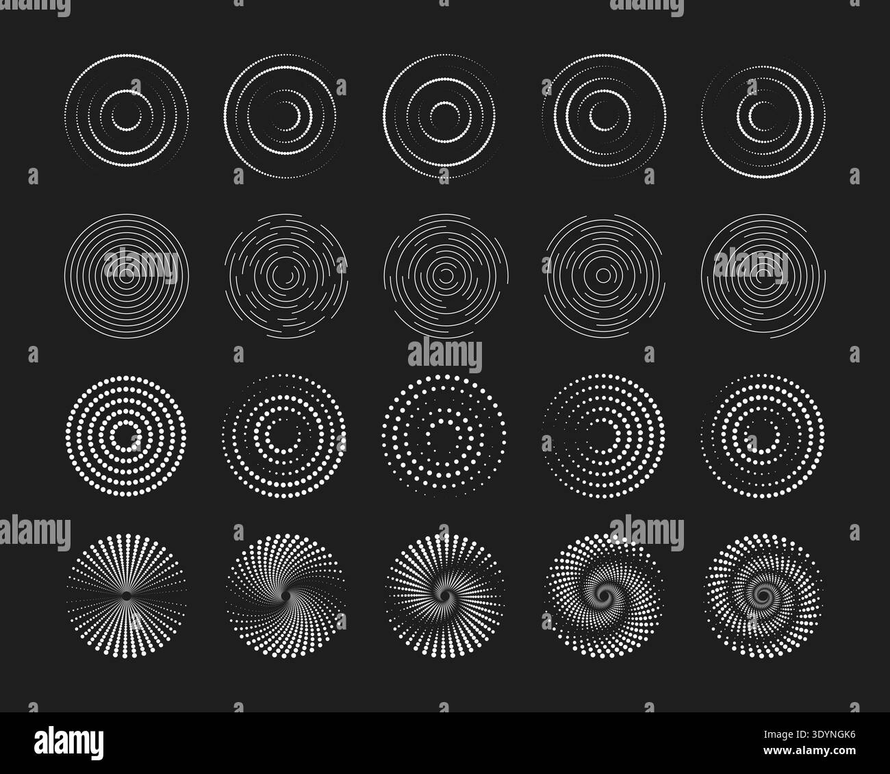 Set di simboli di vibrazione o ondulazione circolari bianchi su sfondo nero. Cerchi concentrici con linee interrotte. Eco, idromassaggio, sonar o onde sonore Illustrazione Vettoriale