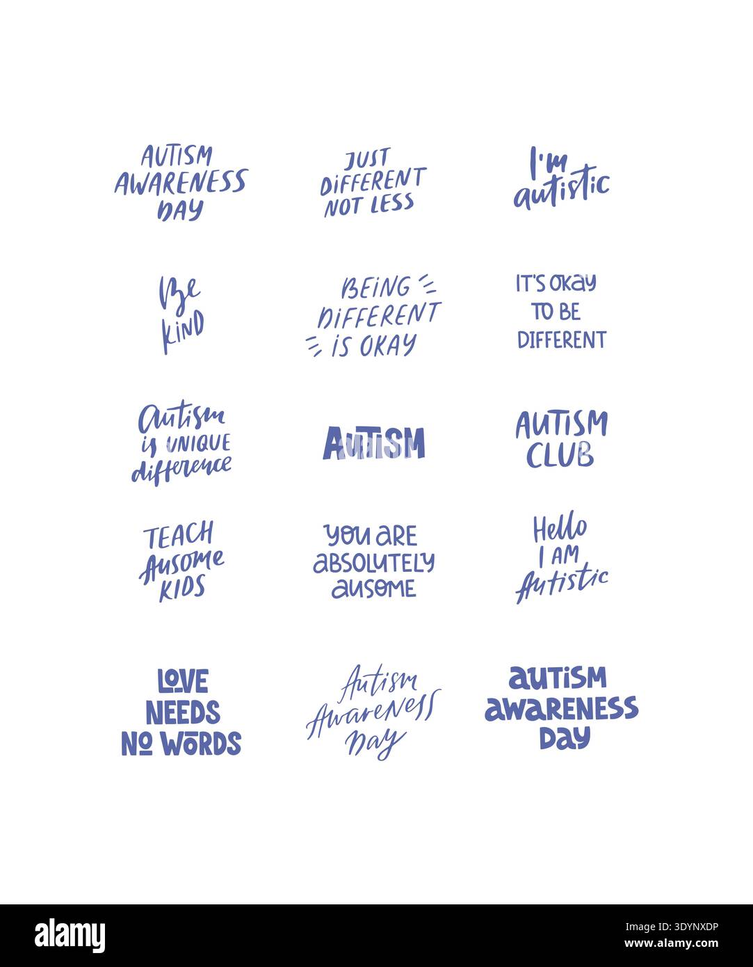 Giornata mondiale della consapevolezza dell'autismo dicendo set disegnato a mano Illustrazione Vettoriale