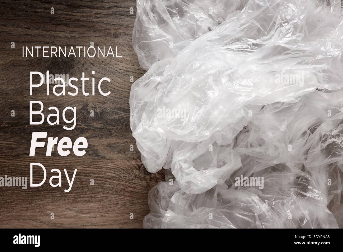 Festeggiamo la giornata internazionale senza sacchetti di plastica, sottolineando la protezione ambientale e riducendo l'inquinamento e i rifiuti di plastica Foto Stock