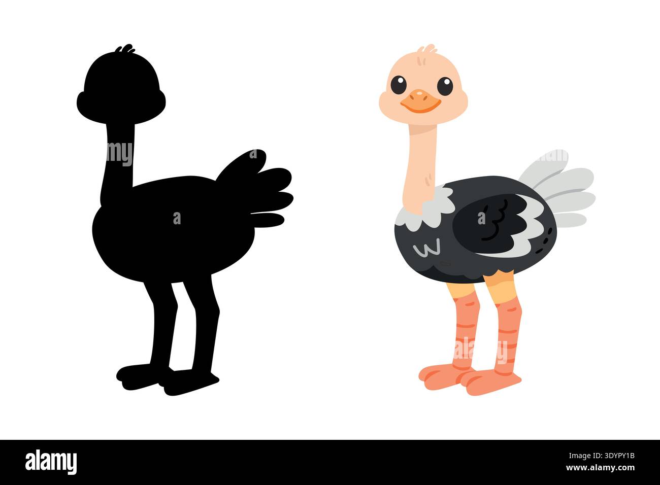 Carino carino cartoni animati di struzzo con sagoma omata per i bambini vettore di gioco educativo Illustrazione Vettoriale