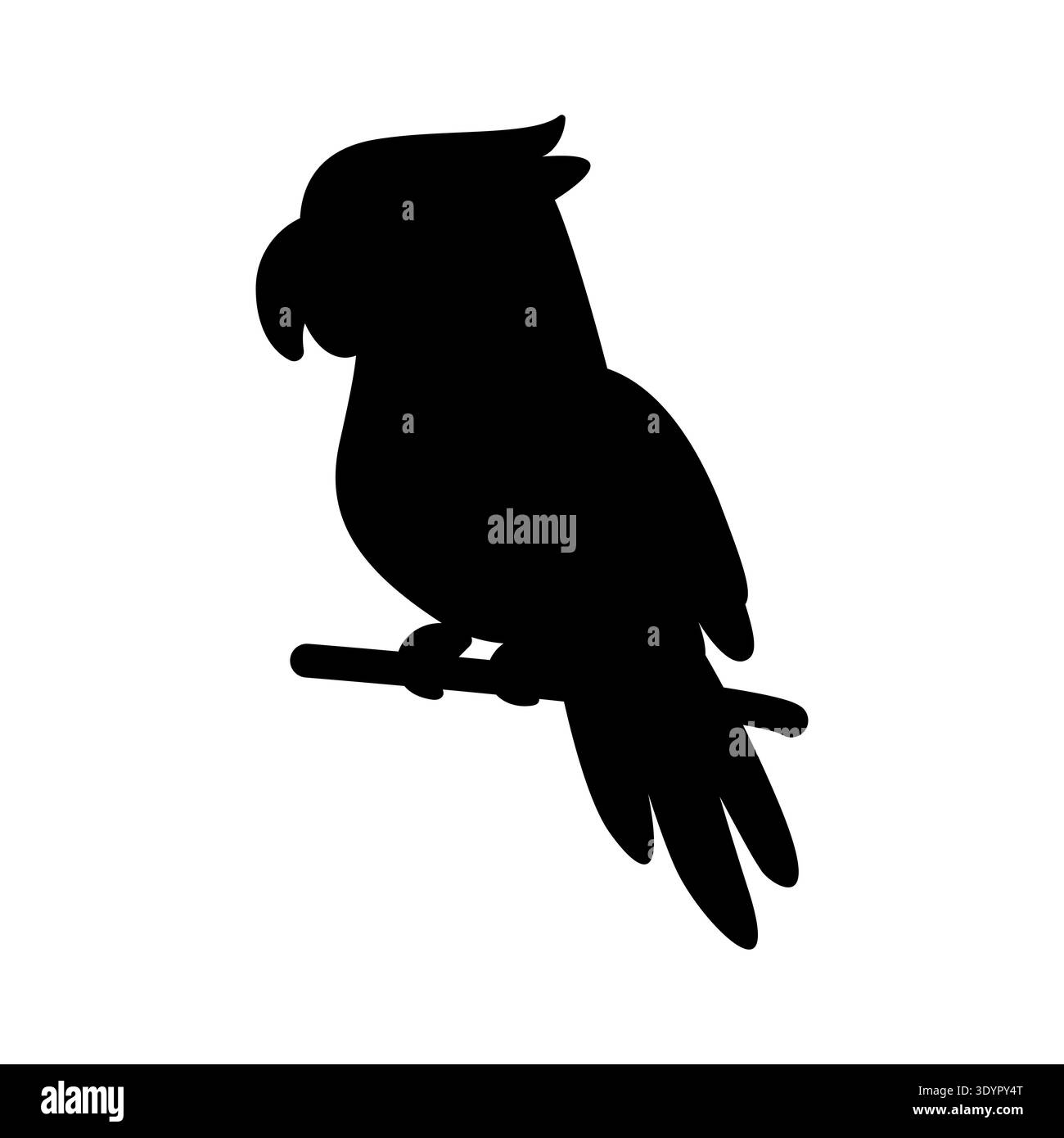 Silhouette pappagallo stilizzato su un'illustrazione vettoriale di ramo. Forma di uccello tropicale per decorazioni estive branding esotico e concetti di viaggio. Icona nera isola Illustrazione Vettoriale