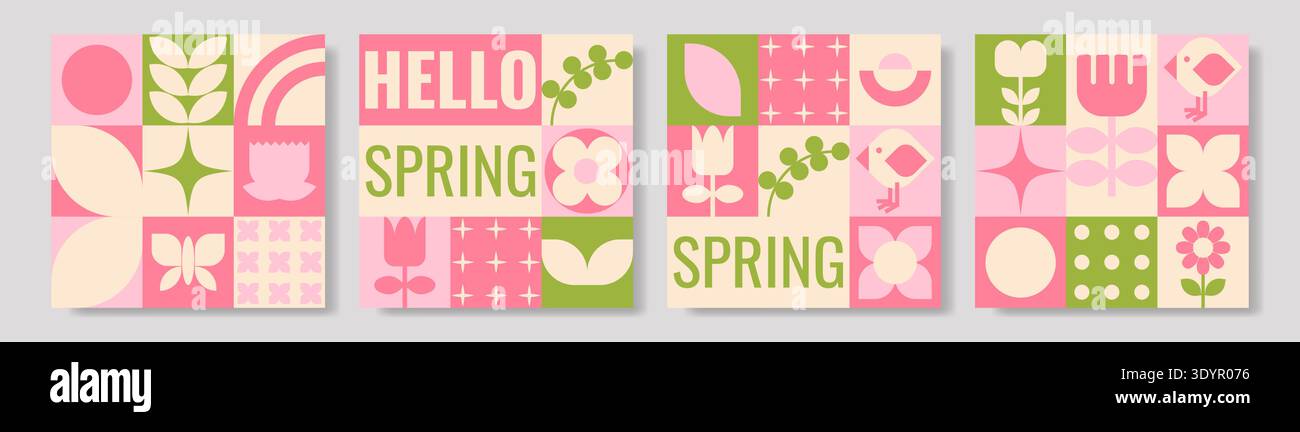 Carte geometriche a molla silenziate, griglia quadrupla di composizioni quadrate con icone frondose, silhouette in tulipani, motivo di uccello piccolo, stelle arrotondate e pois Illustrazione Vettoriale