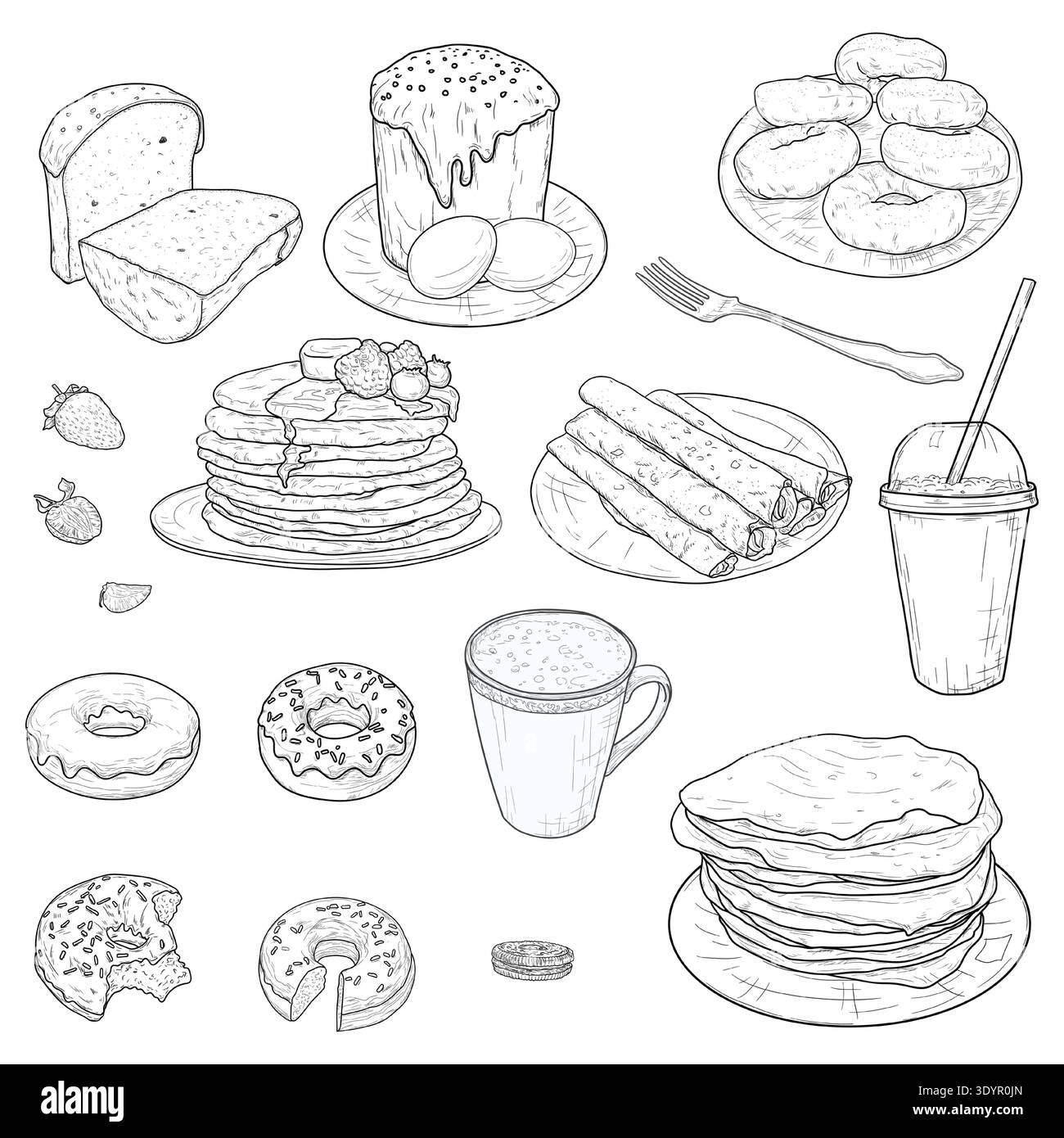 Dolci torte pasquali e pancake per Maslenitsa, un set di schizzi disegnati a mano. Illustrazione vettoriale. Ciambelle ghiacciate e una tazza da caffè, raccolta isolata Illustrazione Vettoriale