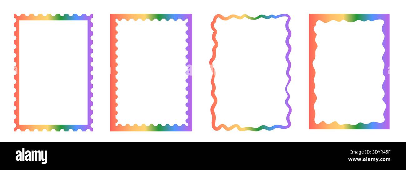 Retro whimsical rainbow gradient frame set with scalloped and wavy hand-drawn borders. Vibrant multi colored frames for greeting cards, menu, gift Illustrazione Vettoriale