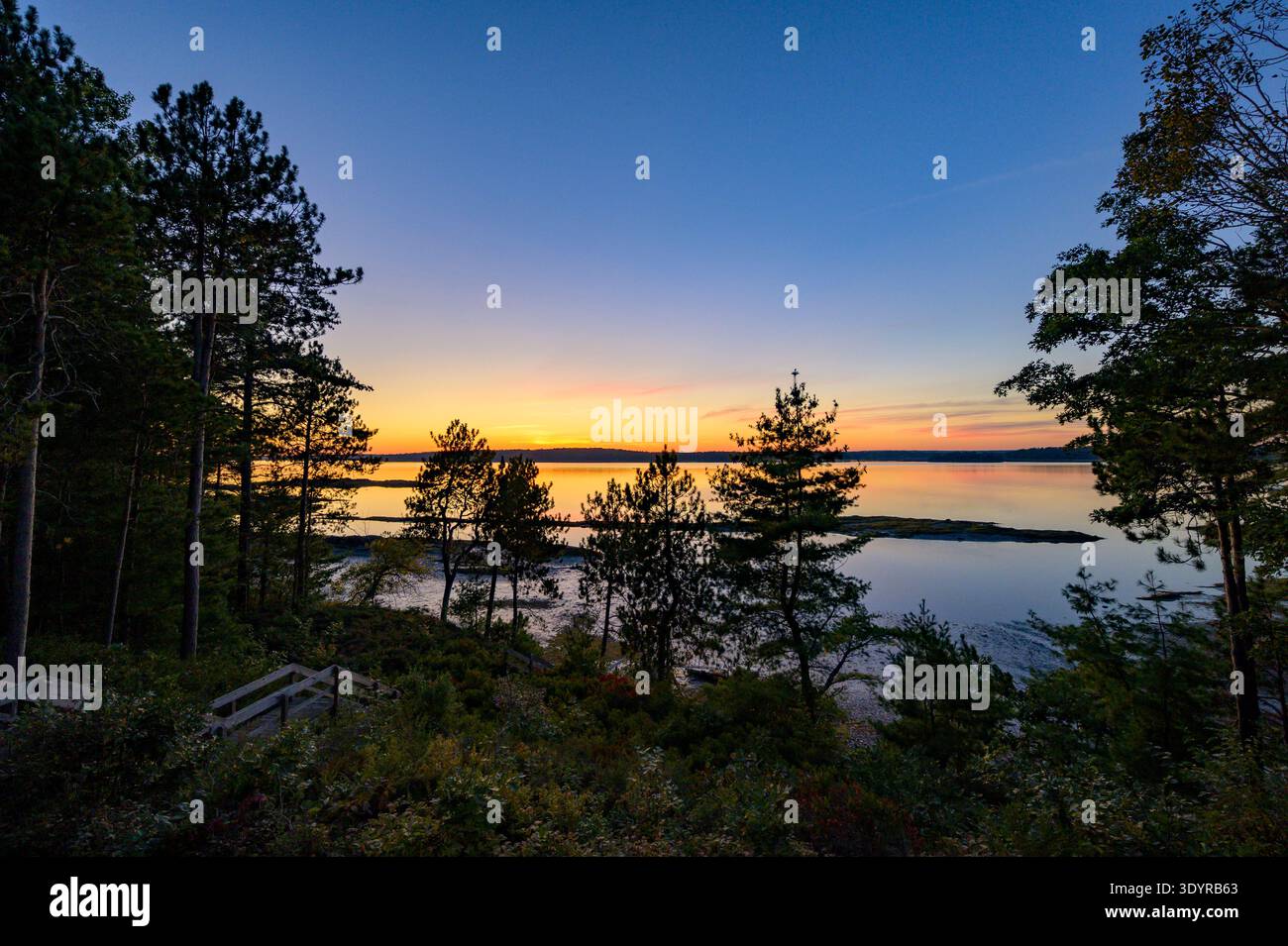 Tramonto dorato sulla scalinata in legno sul lago Foto Stock